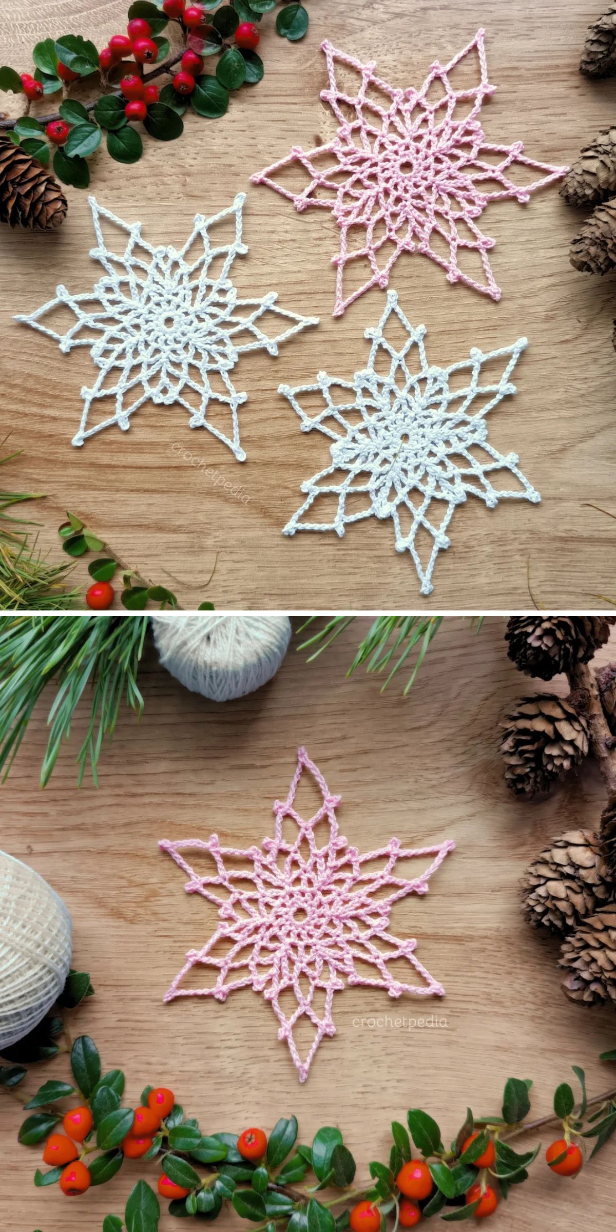 Two photos of crochet snowflake ornaments in white and pink displayed on a wooden surface with pinecones, greenery, and red berries for decoration.