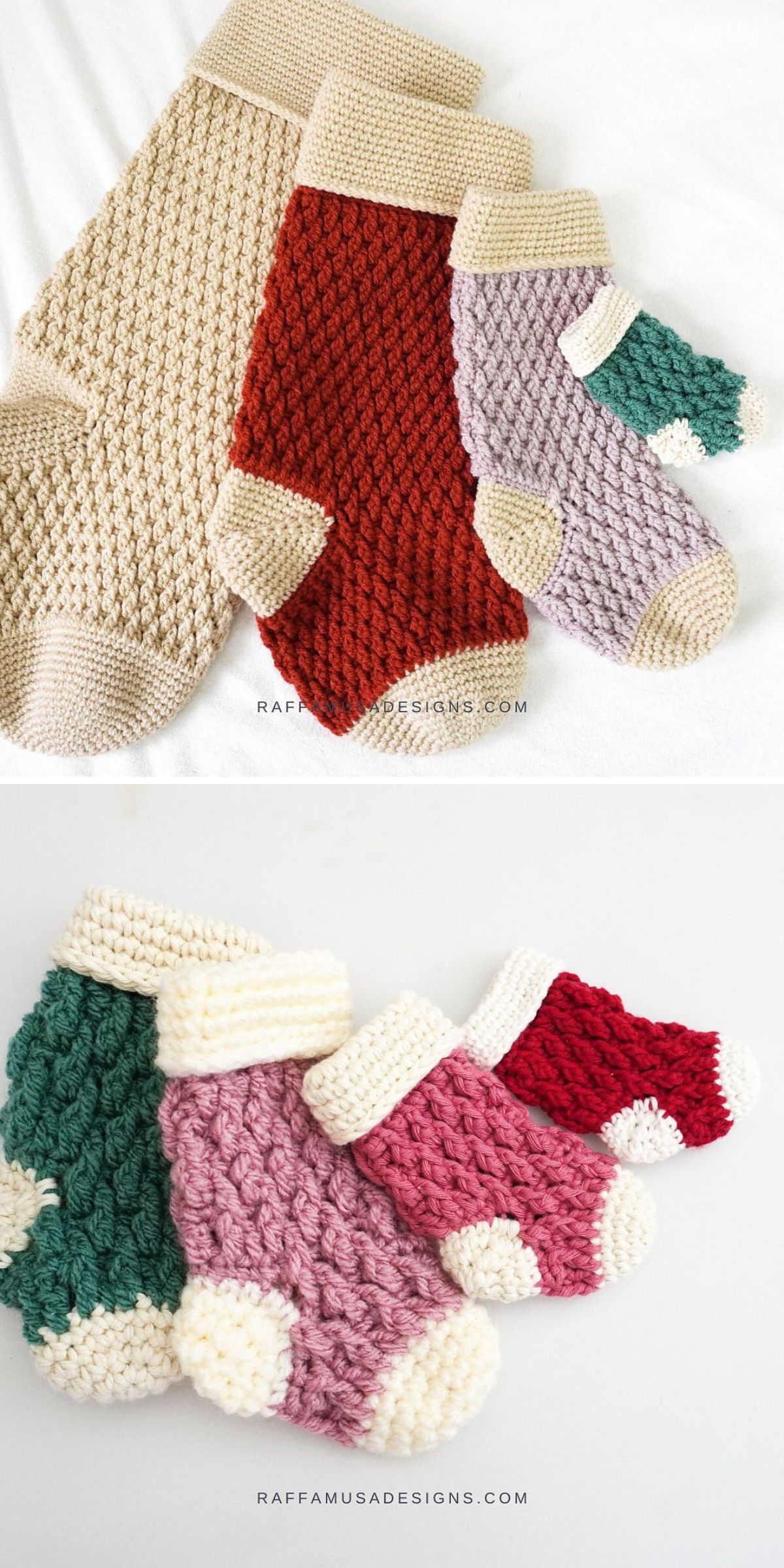 Two photos showcase Crochet Christmas Stockings in various sizes and colors, beautifully arranged side by side on white backgrounds.