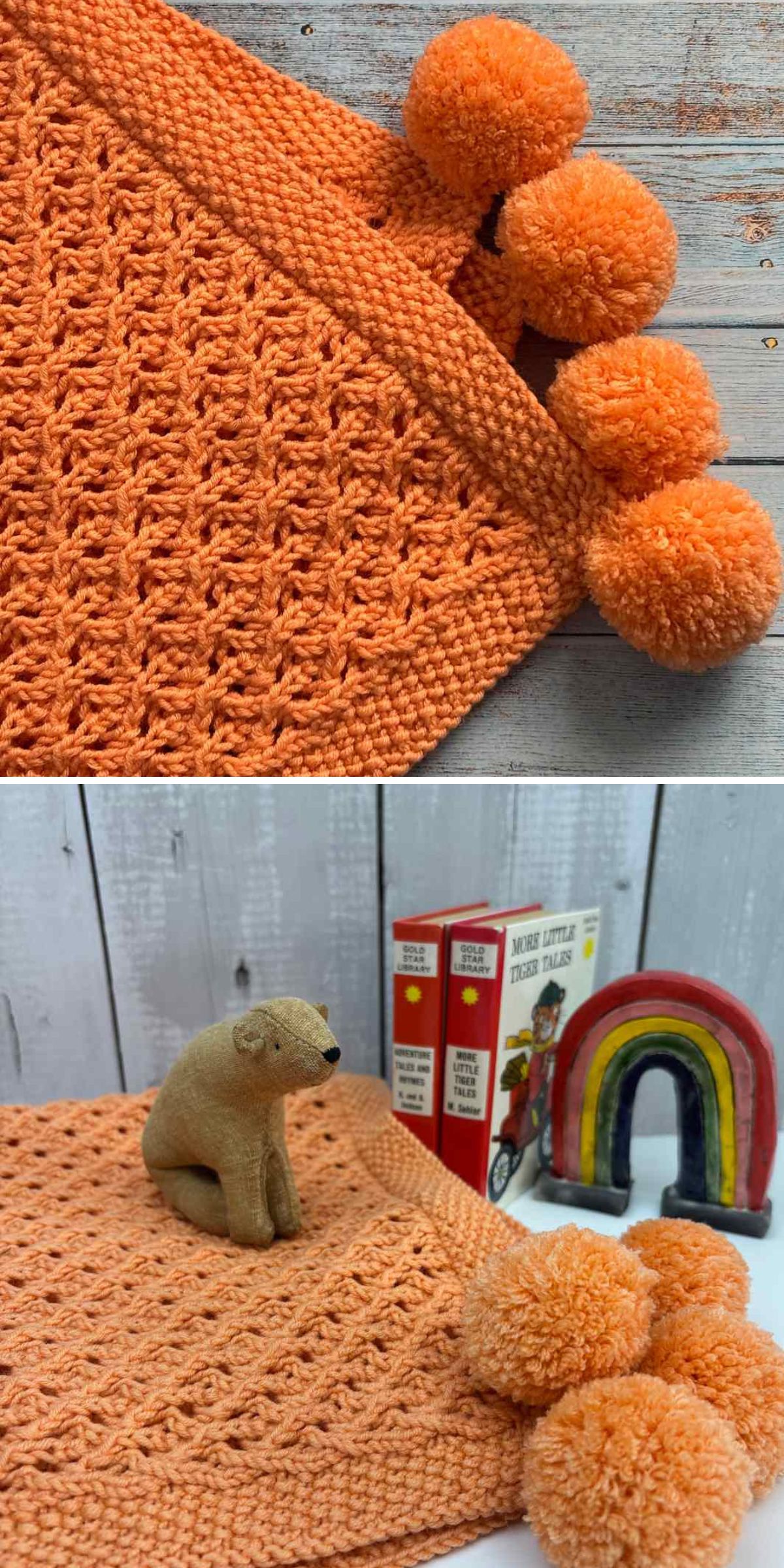 A knitted orange blanket with large pom-poms on the corners, shown folded and spread out with a toy bear, rainbow decor, and books — a charming piece crafted from a cozy blanket knitting pattern.