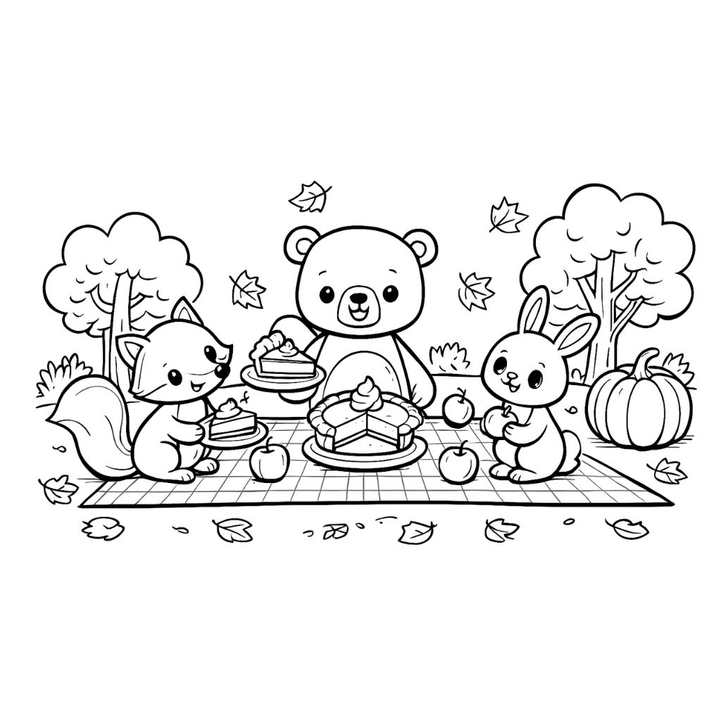 A bear, fox, and rabbit have a picnic with pie and apples on a blanket in a park, surrounded by trees, pumpkins, and falling leaves—perfect for kids to enjoy as free printable Thanksgiving coloring pages.
