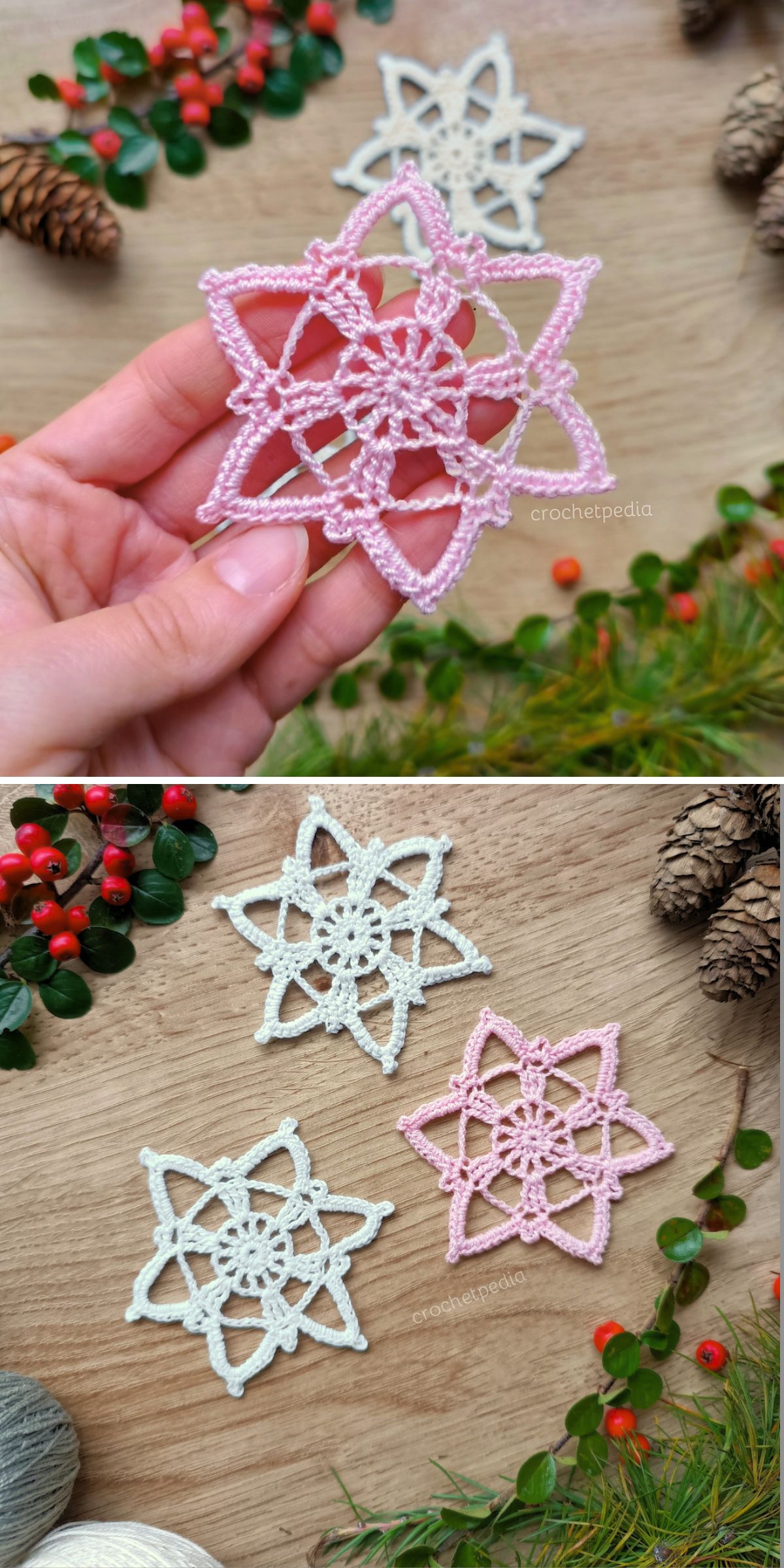 A hand holds a pink crochet ornament shaped like a snowflake. The table beneath displays three crocheted snowflakes in white and pink, with pinecones and holly berries nearby.