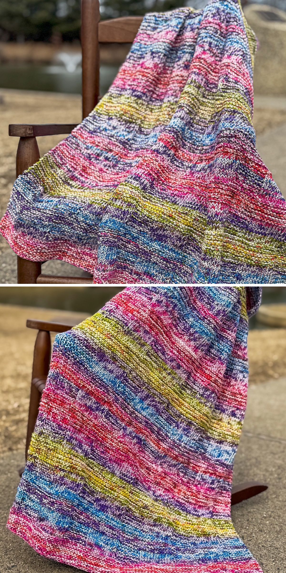 A multicolored, hand-knitted blanket with a unique blanket knitting pattern and horizontal stripes is draped over a wooden rocking chair outdoors.