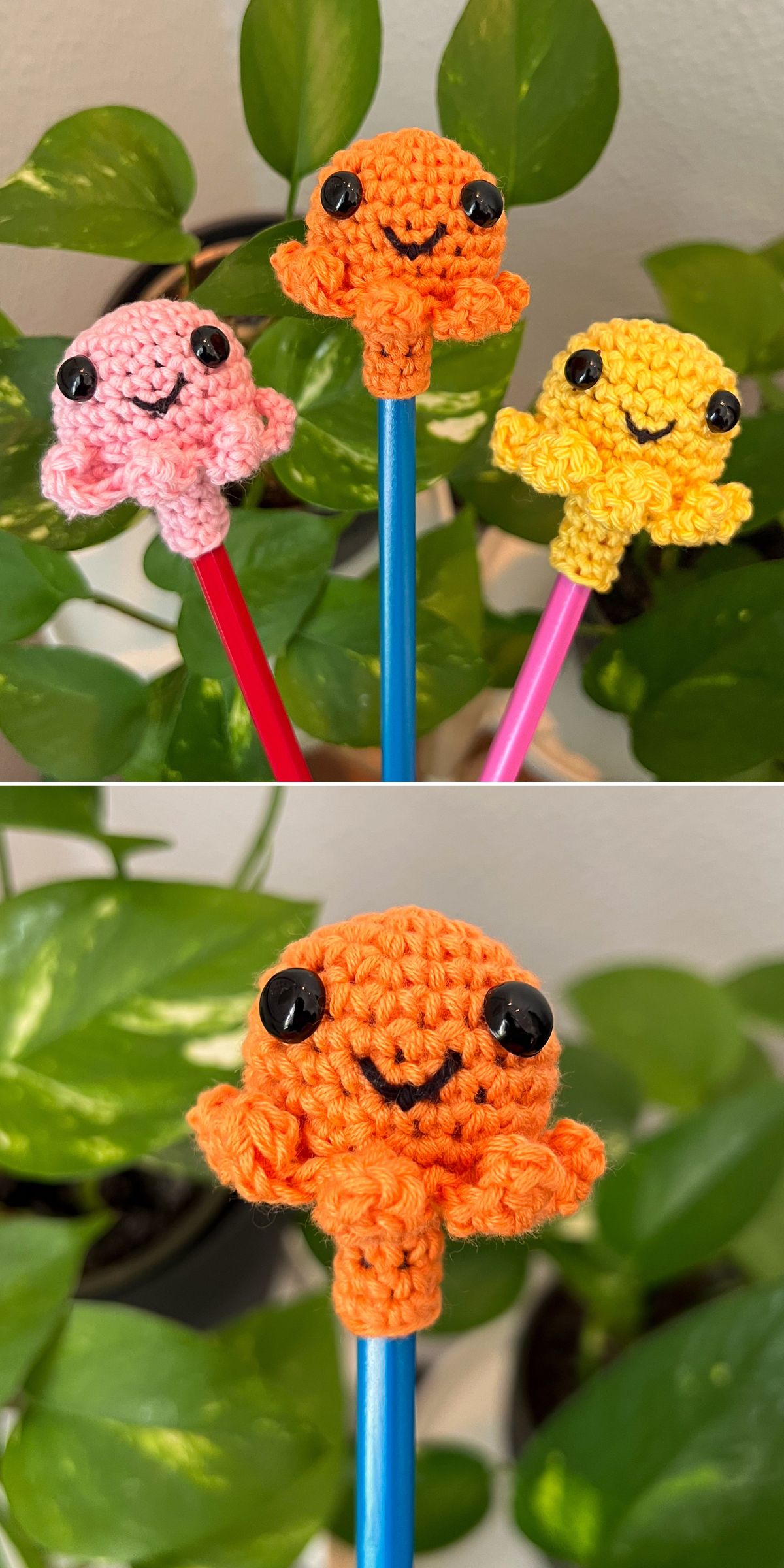 Three tiny octopus amigurumi pencil toppers in pink, orange, and yellow perch on colored pencils, with green leafy plants in the background.