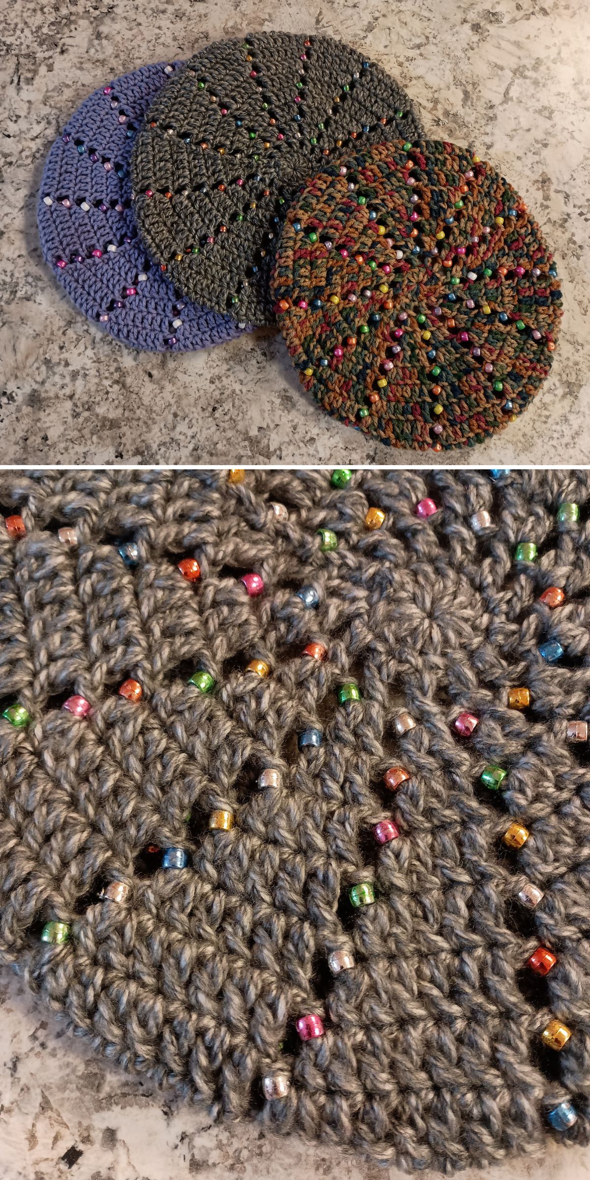 Three crochet berets adorned with colorful beads are displayed on a countertop; a close-up highlights the detailed stitches and beadwork on the gray crochet beret.