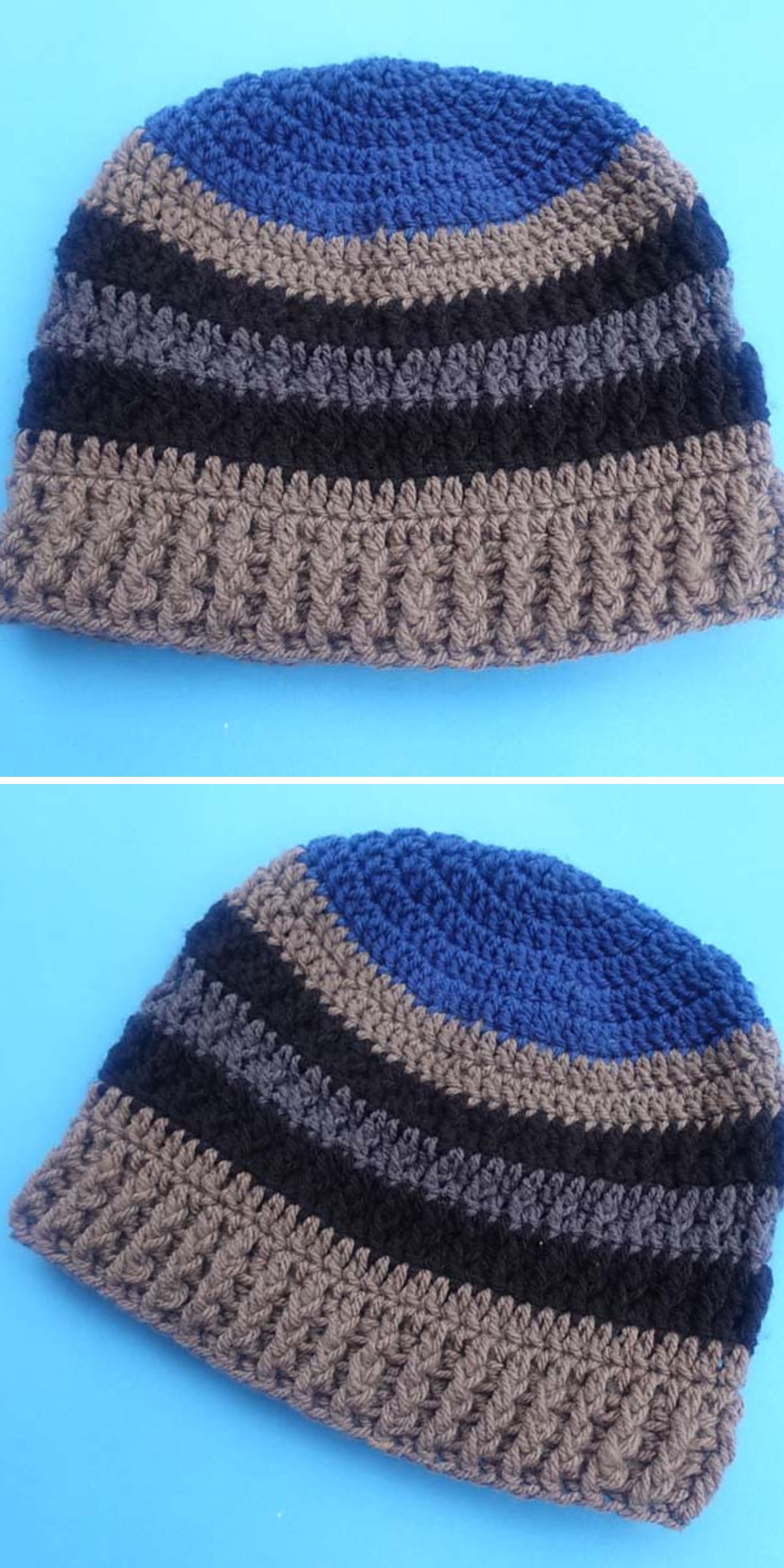 Two images showcase a crochet beanie with blue, black, gray, and brown horizontal stripes, displayed on a light blue background.