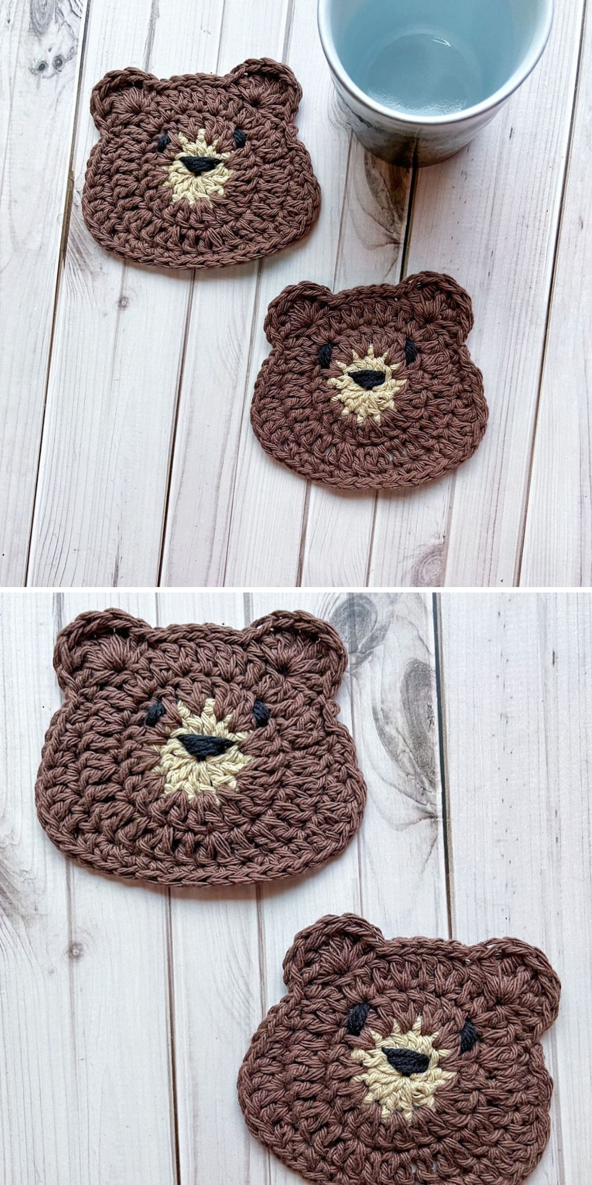 Two crochet coaster bear faces made of brown yarn rest on a light wooden surface beside a ceramic cup.
