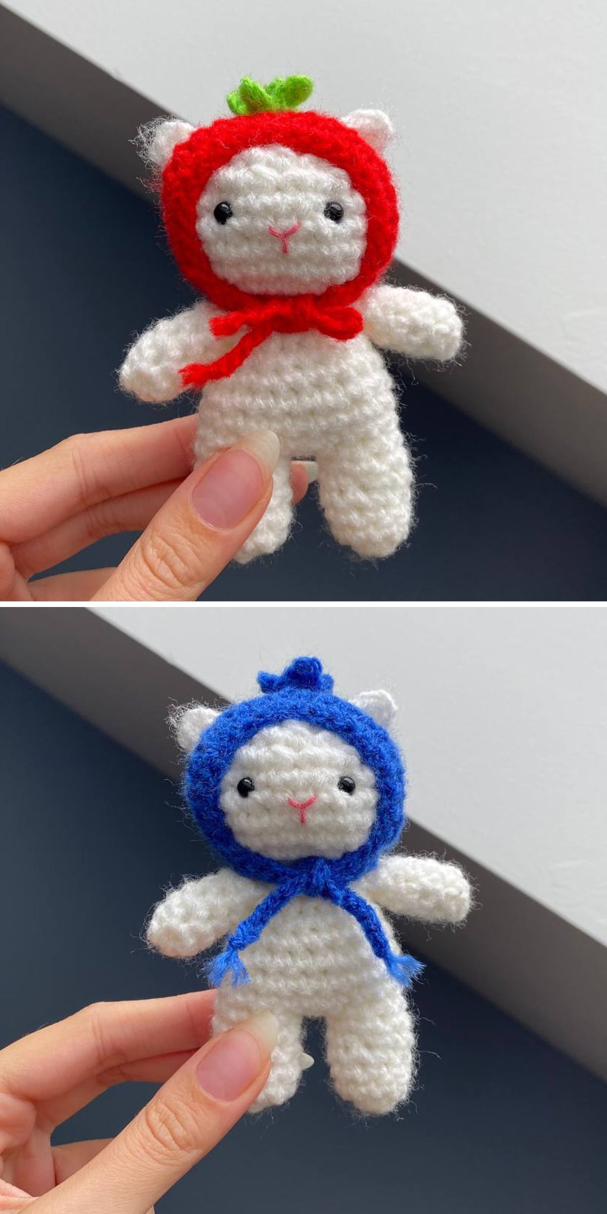 Two photos of a hand holding a small crochet cat amigurumi — first wearing a red hood with a green stem, then in a blue hood with a blue stem.
