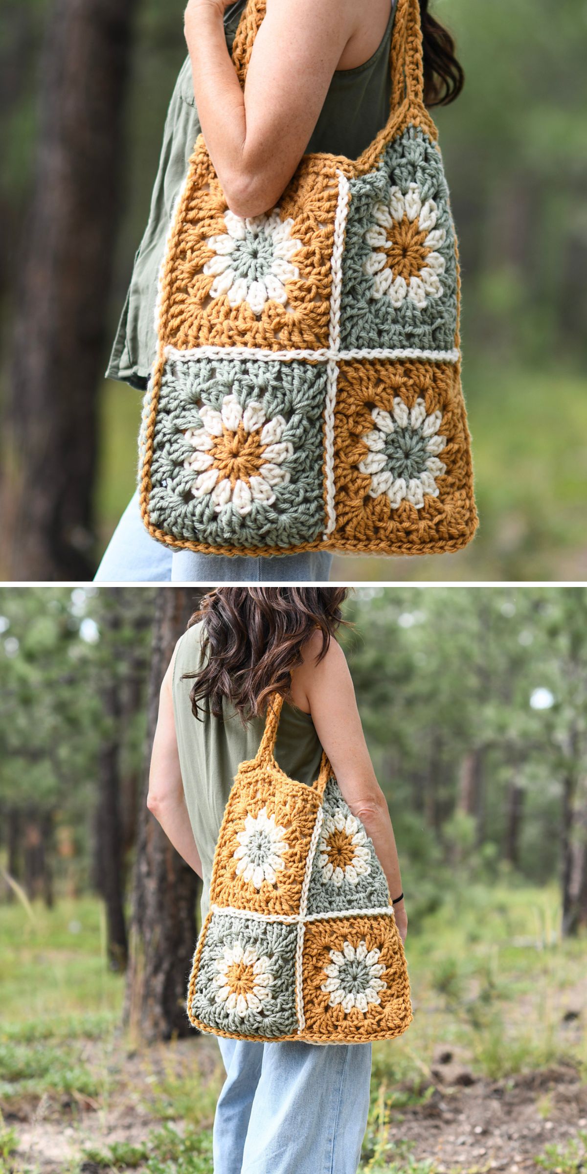 A person carries a granny square crochet bag made of large square granny motifs in mustard, cream, and green colors, outdoors in a forested area.