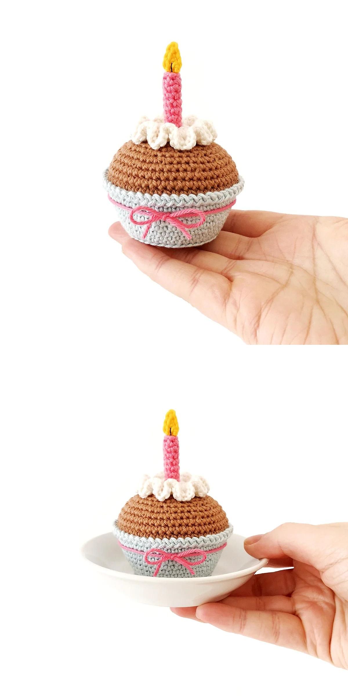 Two images show a hand holding a crochet amigurumi food cupcake with a pink candle, first directly in the palm and then placed on a white dish.