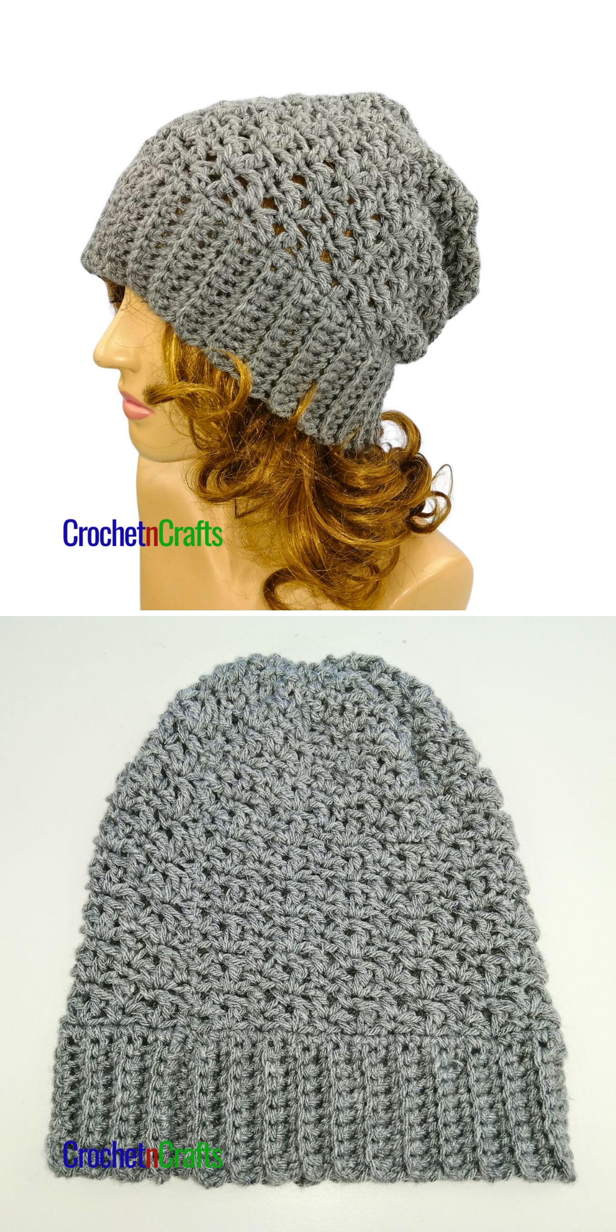 Grey crochet beanie hat styled in a slouchy fit, shown on a mannequin head in the first image and laid flat in the second image.