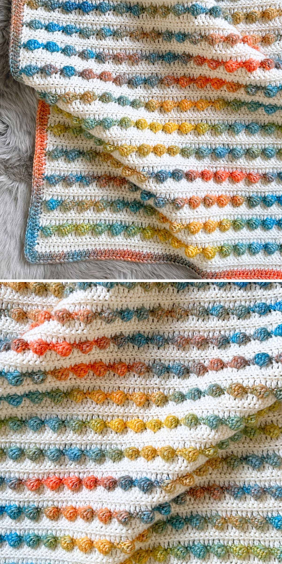 A bobble stitch blanket with raised textures, crafted in rows of multicolored yarn, features shades of blue, orange, yellow, and green on a crisp white background.