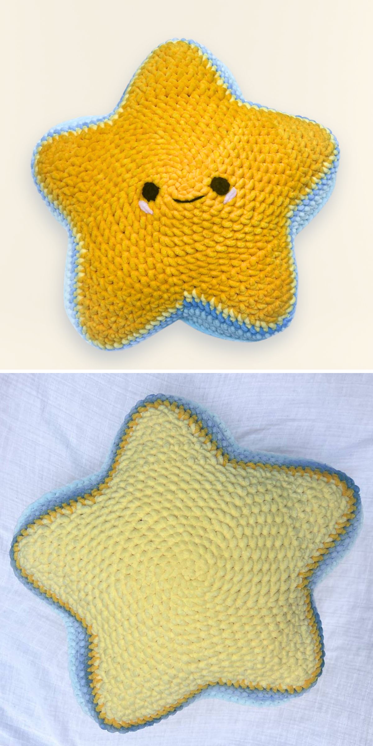 Top: A yellow star-shaped crochet pillow with a smiling face. Bottom: The reverse side of the same crochet pillow, plain with no face. Both have a blue border.