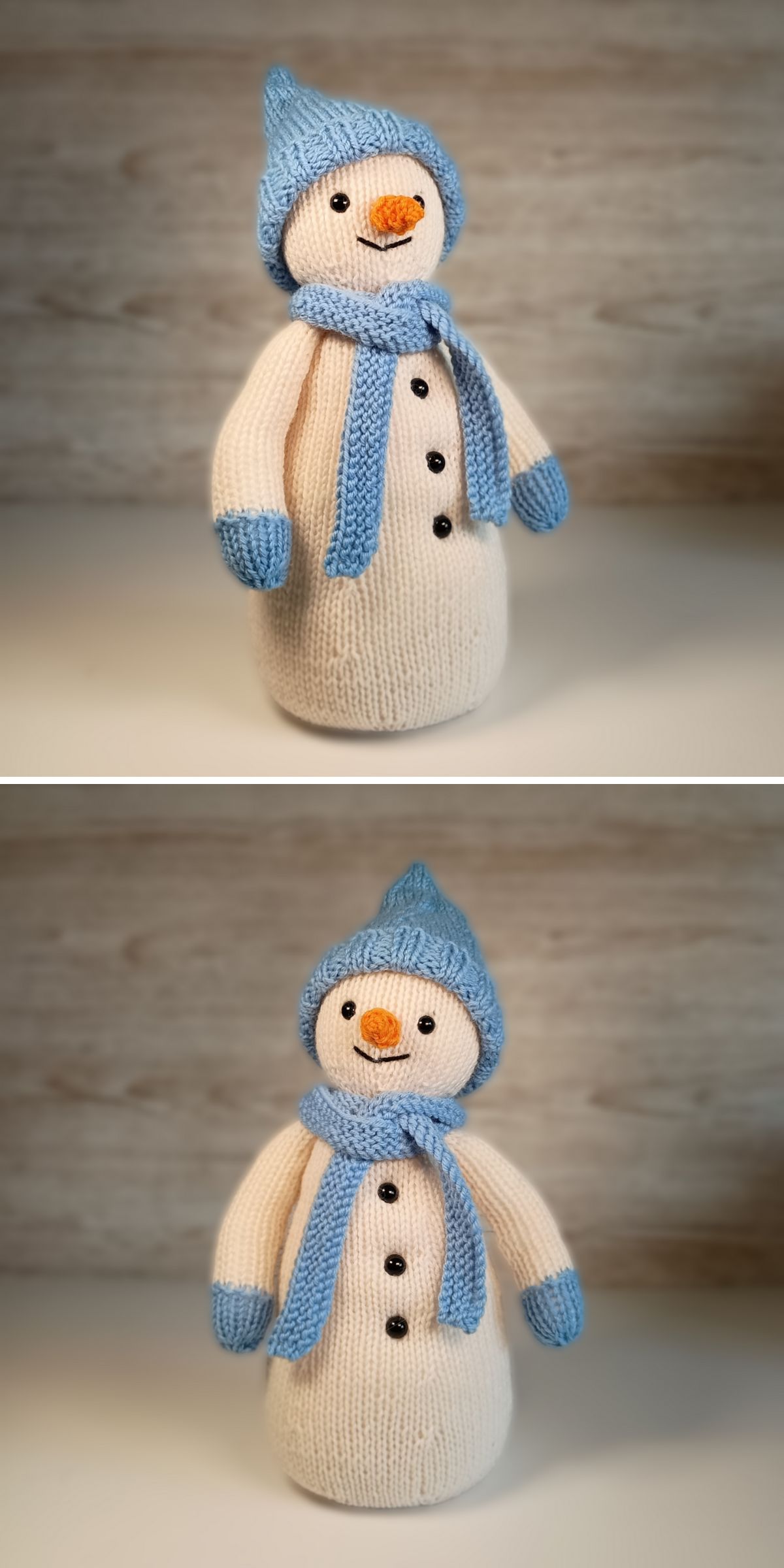 Two photos of a knitted snowman figure wearing a blue hat, scarf, and mittens with black button eyes and an orange carrot nose—perfect for adding to your collection of Knitted Christmas Decorations.