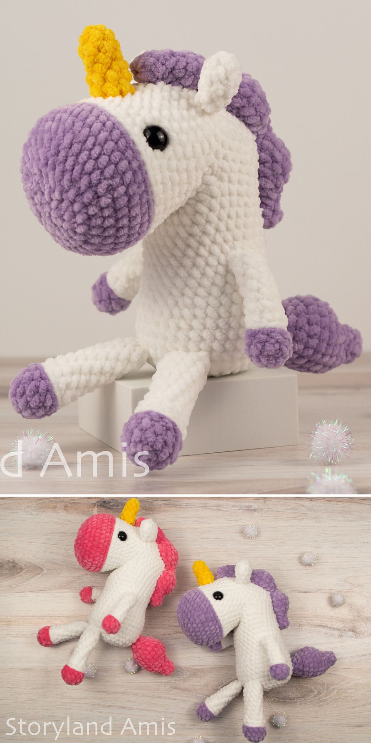 Three amigurumi unicorns with white bodies, colorful manes, muzzles, and tails, plus yellow horns are displayed on a light wooden surface and a white block.
