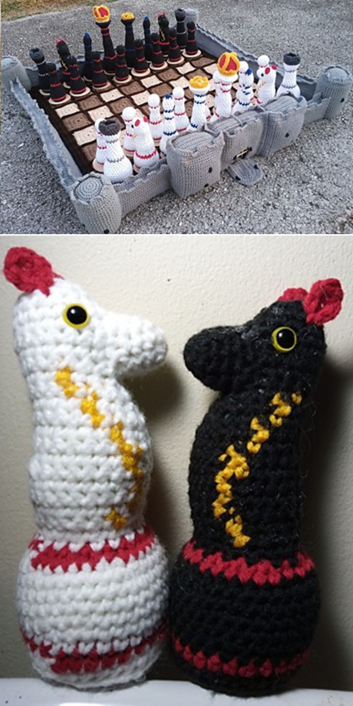 an amazing crochet castle with crocheted chess set