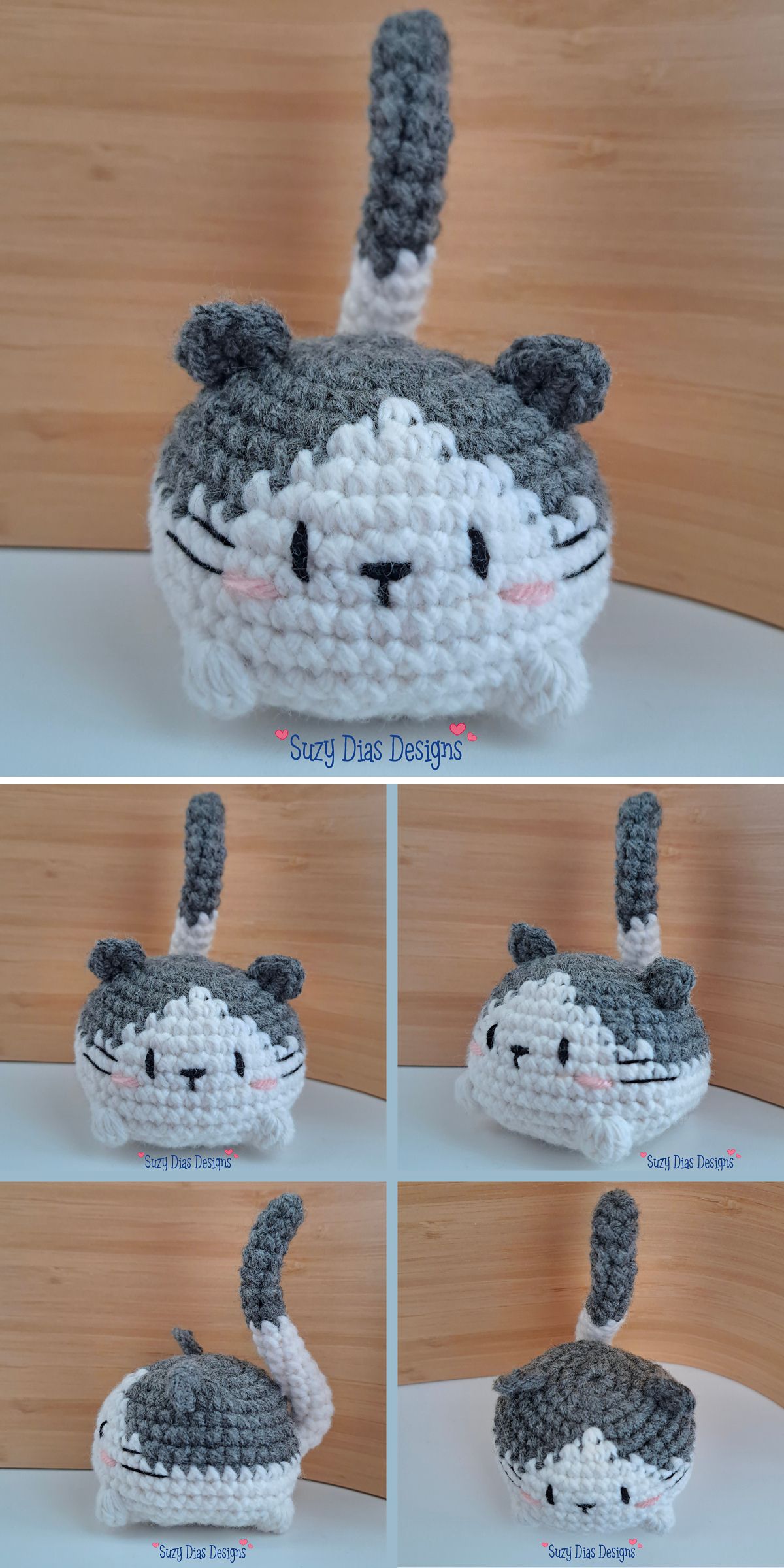 Four views of a small crochet cat amigurumi plush with gray and white yarn, pink cheeks, upright ears, and a striped tail, displayed against a wooden background.
