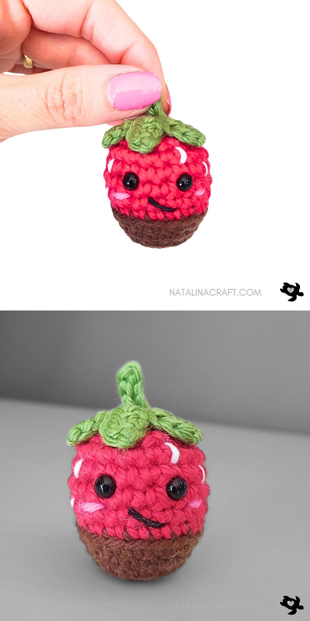 Two photos show a small crocheted strawberry with green leaves, black bead eyes, and a smiling face. The top photo shows it held between fingers; the bottom displays it next to a crochet strawberry on a surface.