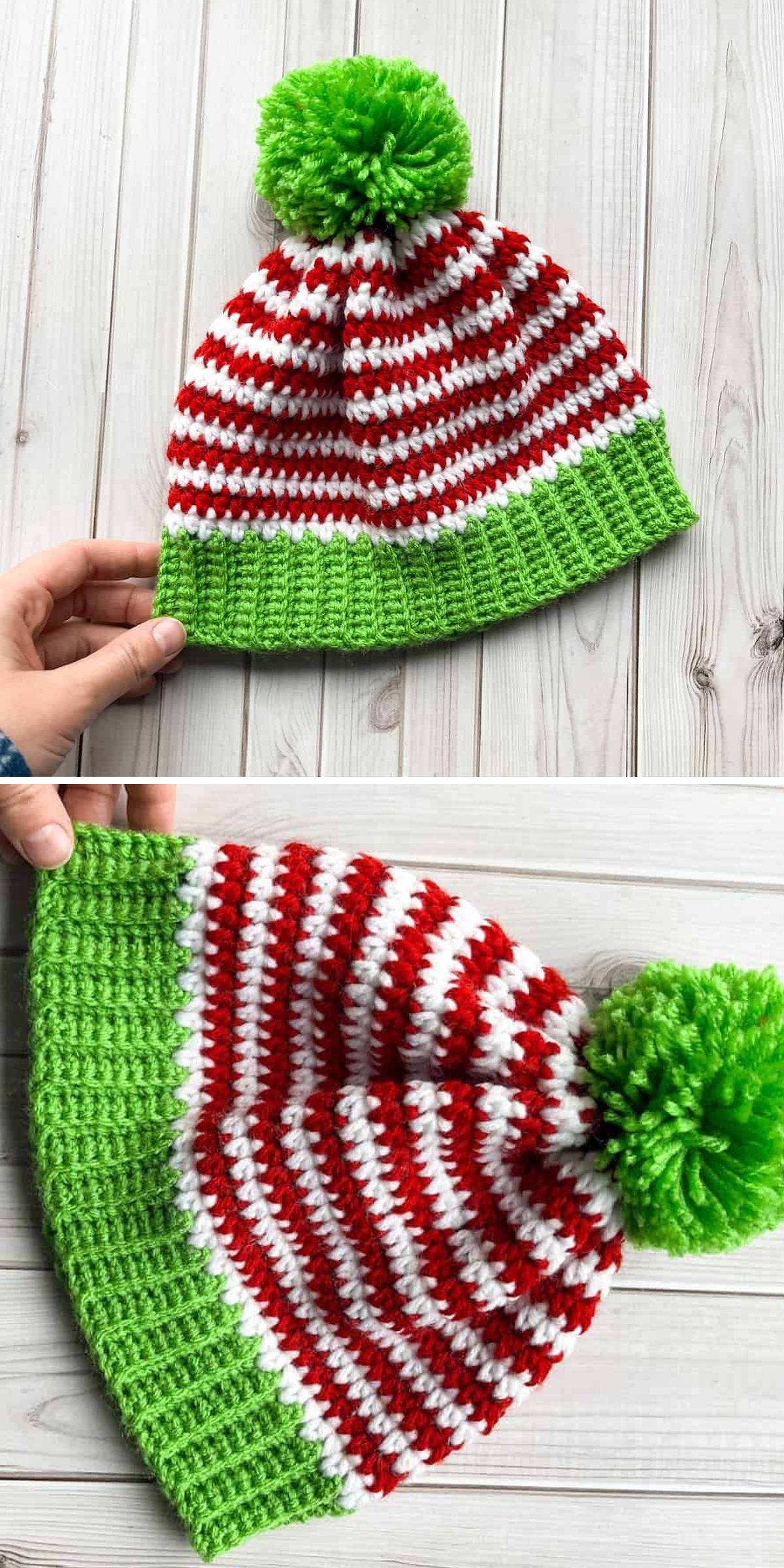 A Crochet Christmas Hat with red and white stripes, a green ribbed band, and a green pom-pom, displayed from two different angles on a wooden surface.