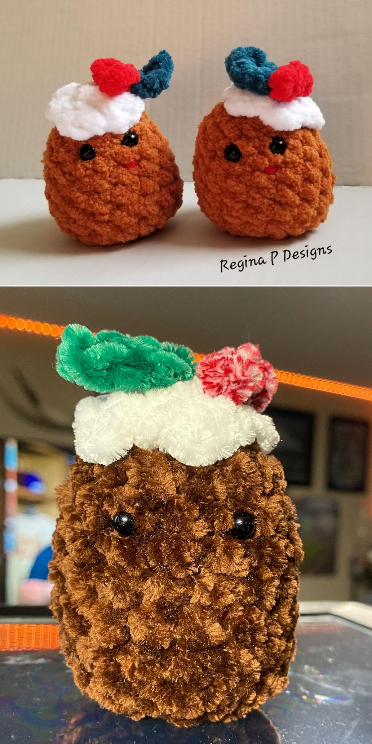 Two images of crochet amigurumi food: plush crocheted puddings with red berries and green leaves on top, featuring small black eyes and textured brown bodies.