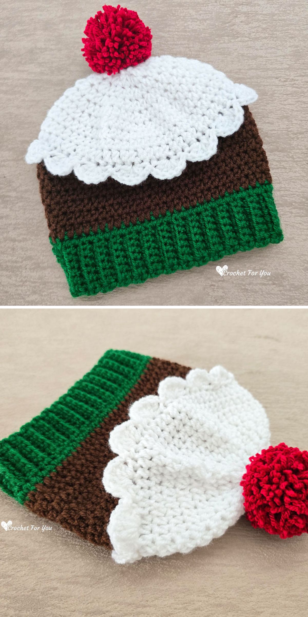 A crocheted hat resembling a Christmas pudding, with green, brown, and white sections and a red pom-pom on top, shown from two angles—perfect inspiration for family Christmas hats or those seeking unique Crochet Christmas hat patterns.
