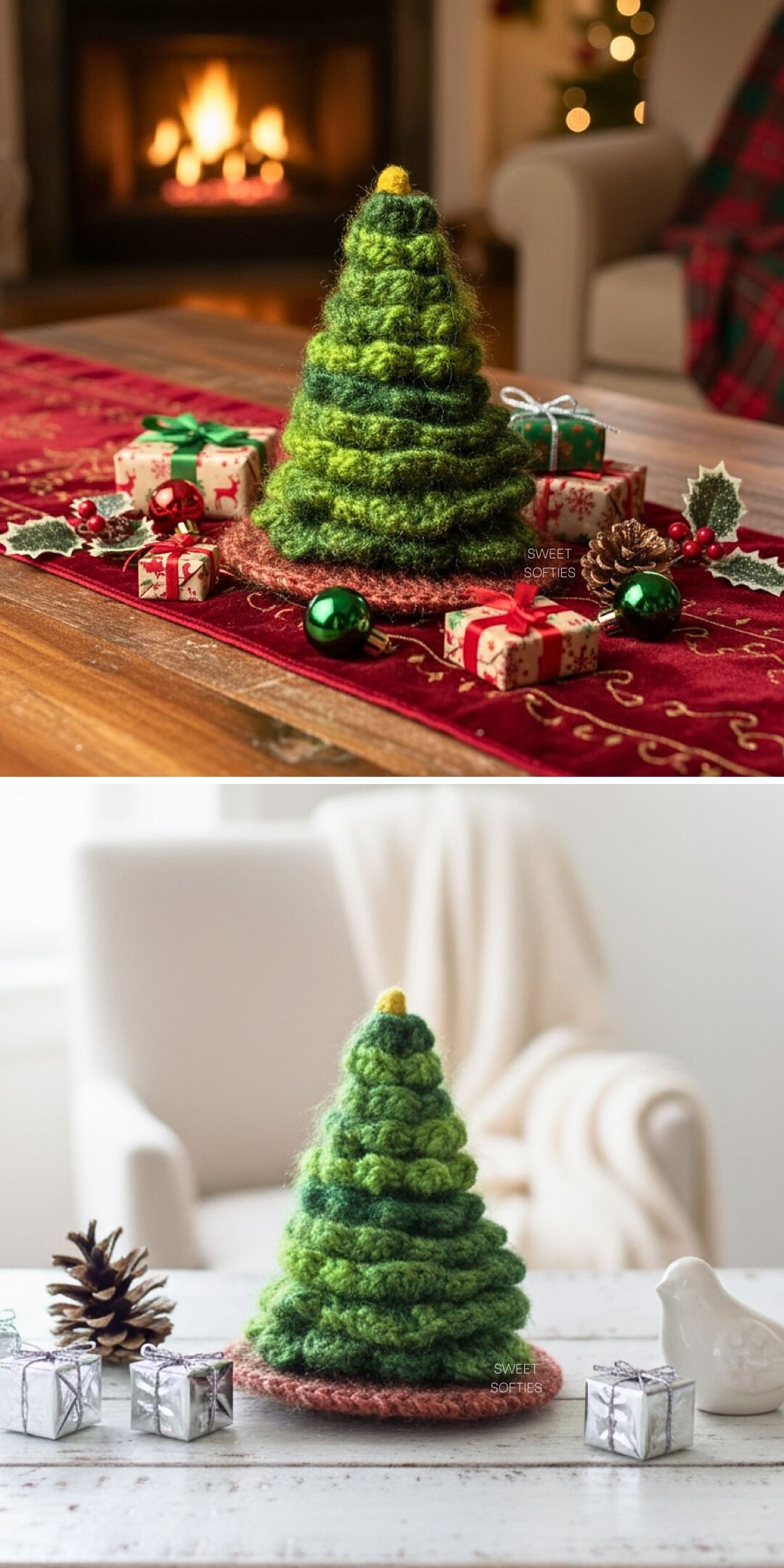 Two images feature a handmade, green, crochet Christmas tree centerpiece on a table, surrounded by festive holiday decorations like pinecones, baubles, and wrapped gifts.
