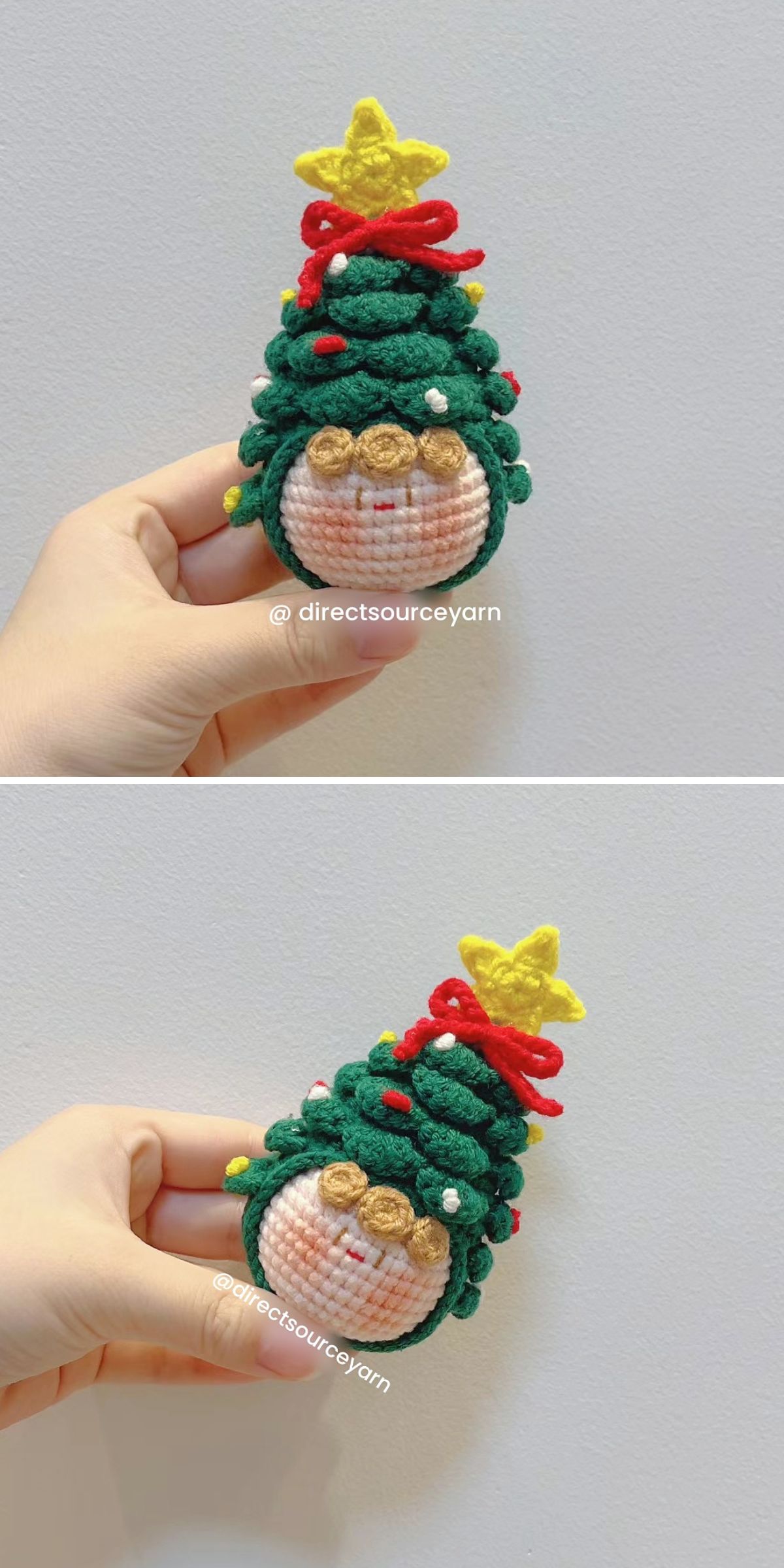 Two images show a hand holding a small crocheted figure with a Christmas tree design, decorated with a yellow star, red ribbon, and white beads — perfect as Holiday Home Decor or made using a Free Crochet Christmas Tree Pattern.