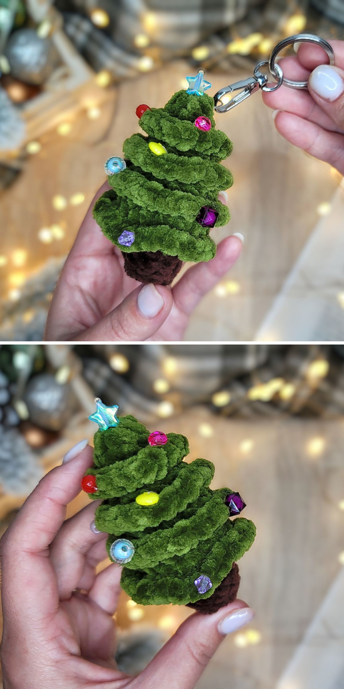 A hand holds a small plush Christmas tree keychain, crafted from a Crochet Christmas Tree Pattern and decorated with colorful beads and a star — perfect for holiday home decor.