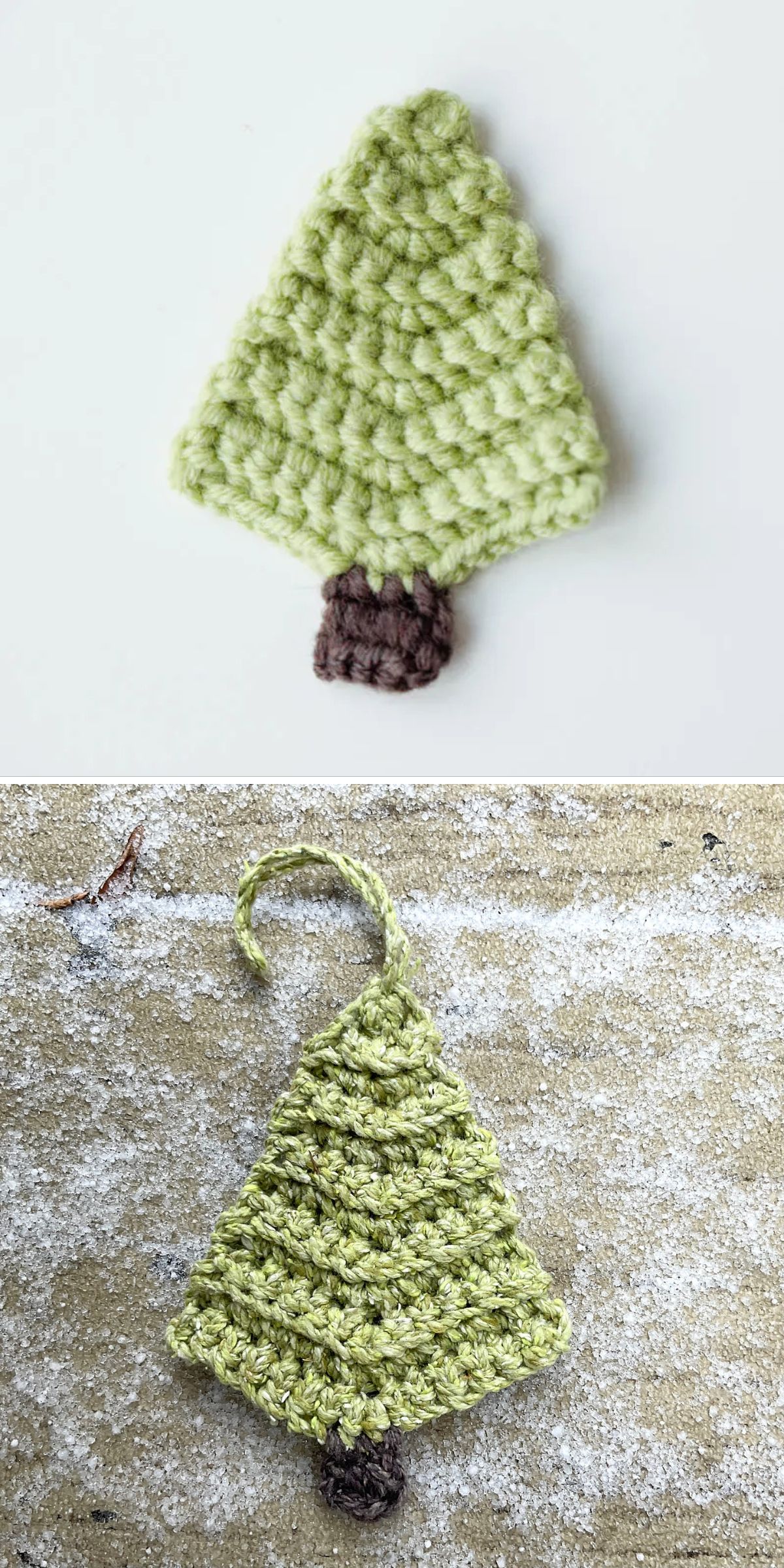 Two crochet Christmas tree ornaments with brown trunks and light green foliage; one is displayed on a white background, while the other rests on snow-dusted ground with a hanging loop.