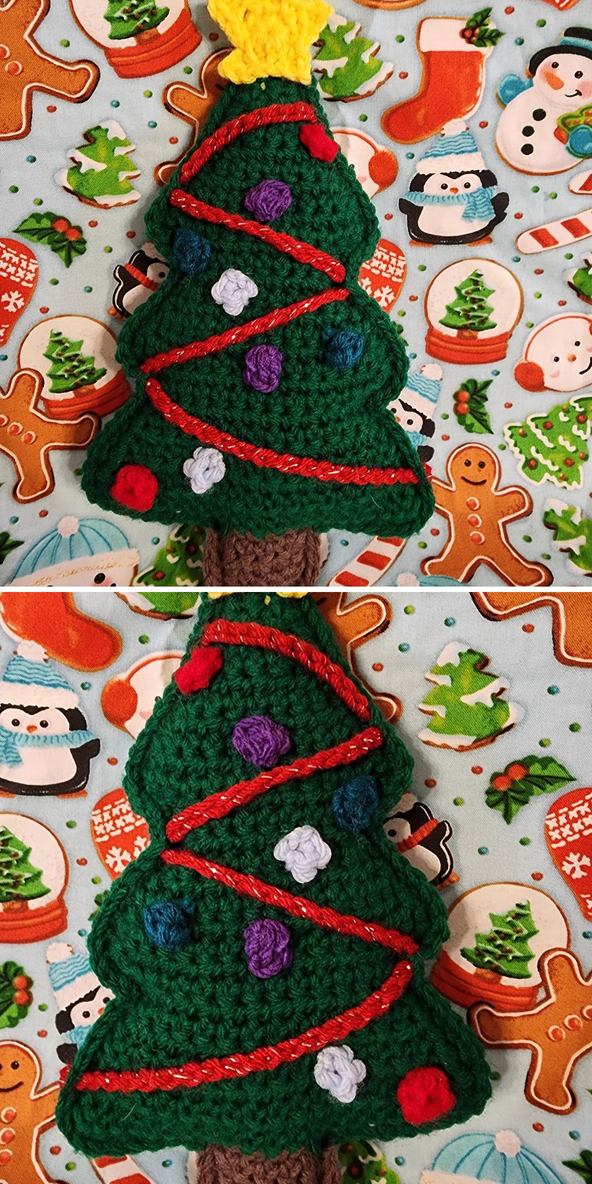 A crocheted Christmas tree with red garland, colorful ornaments, and a yellow star sits on festive fabric — perfect Holiday Home Decor inspired by your favorite Crochet Christmas Tree Pattern.