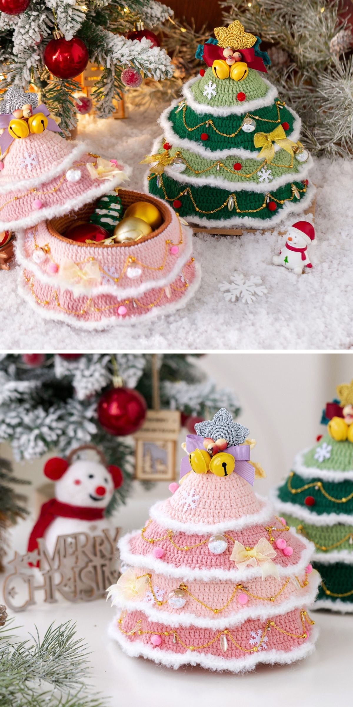 Two photos of crochet Christmas tree-shaped containers, decorated with ornaments and bells, filled with chocolates, displayed on snowy surfaces — perfect Holiday Home Decor inspired by a charming Crochet Christmas Tree Pattern.