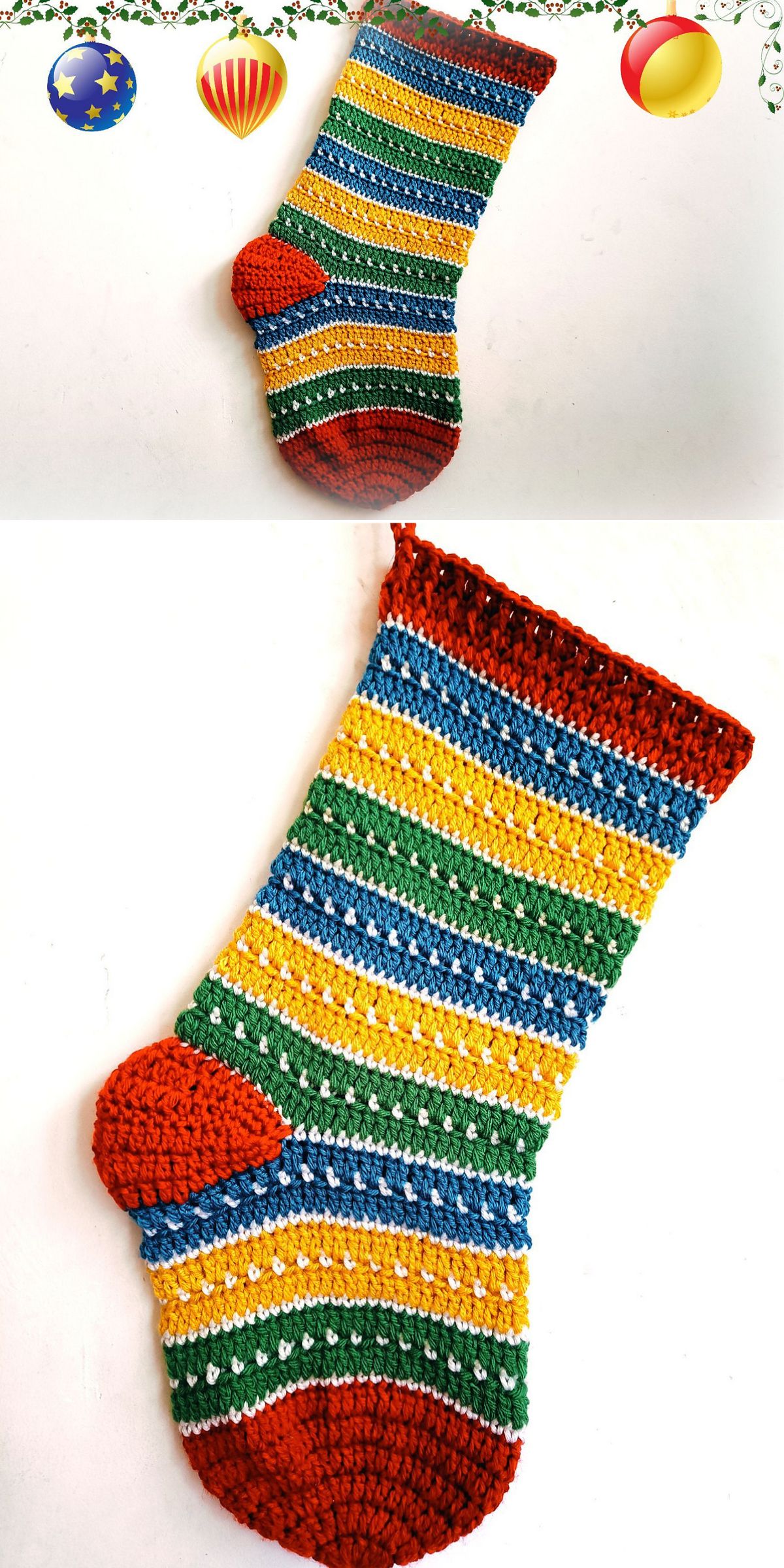 A Crochet Christmas Stockings design features red, green, yellow, blue, and white stripes against a white background. Festive holiday ornaments decorate the top edge of the image.