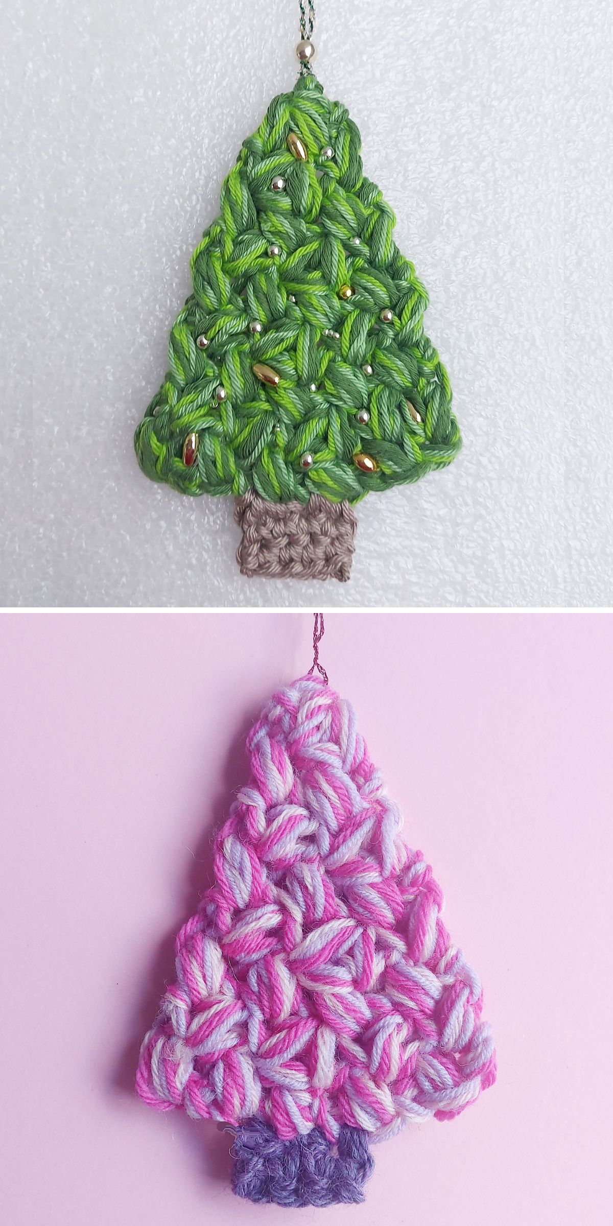Two crochet Christmas tree ornaments: one classic green with gold beads on a white background, and the other in playful pink and purple tones on a matching pink background.