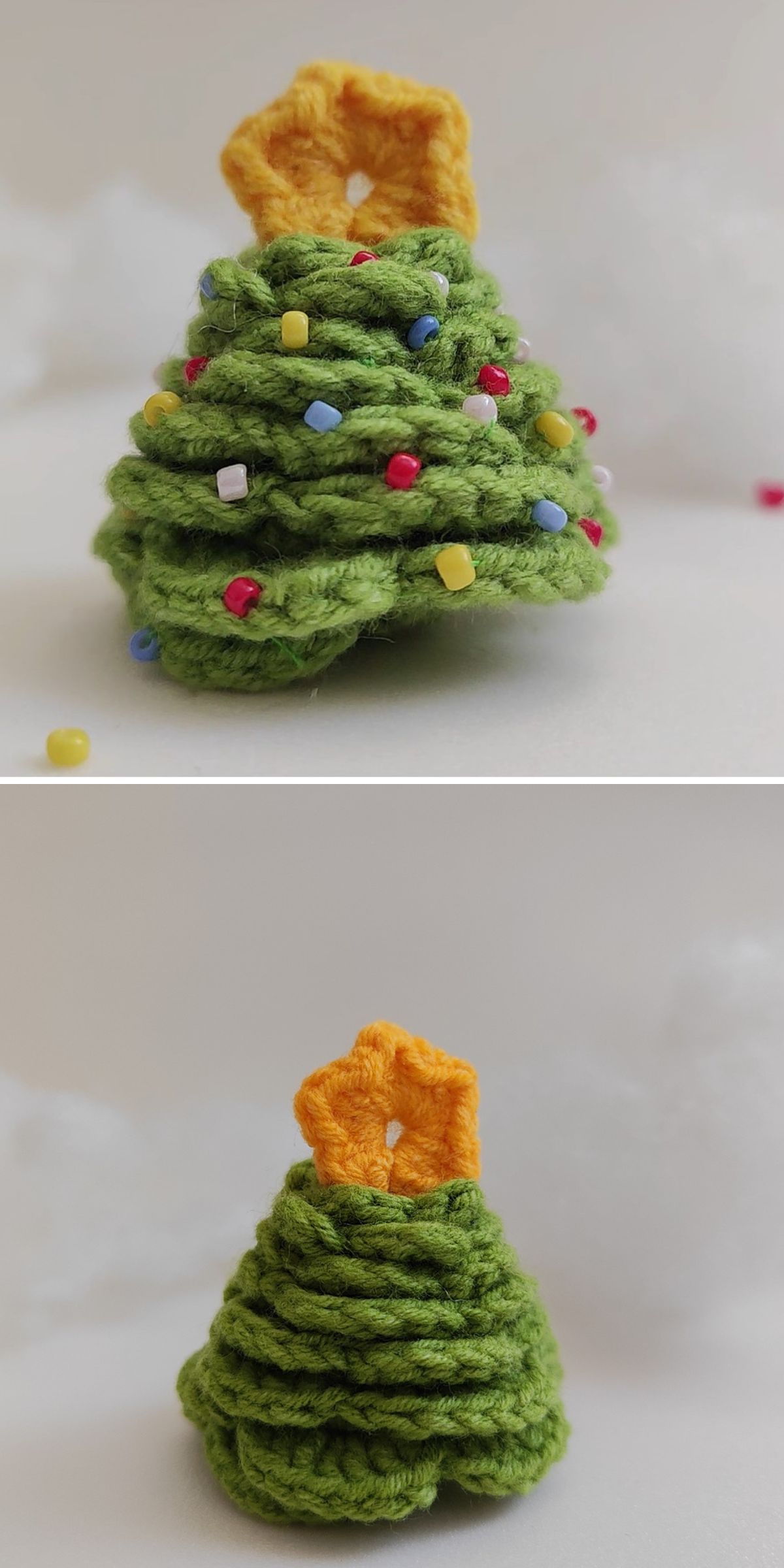 A small crochet Christmas tree decorated with multicolored beads as ornaments and topped with a yellow star, shown from the front and back against a plain background.