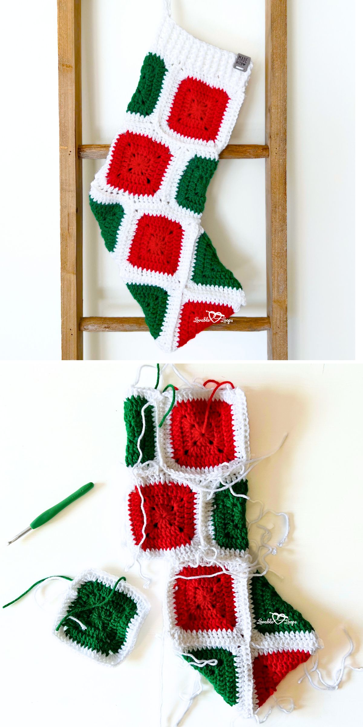 A Crochet Christmas Stockings masterpiece hangs on a ladder, crafted from red, green, and white granny squares; below, more colorful squares are being assembled with a crochet hook.