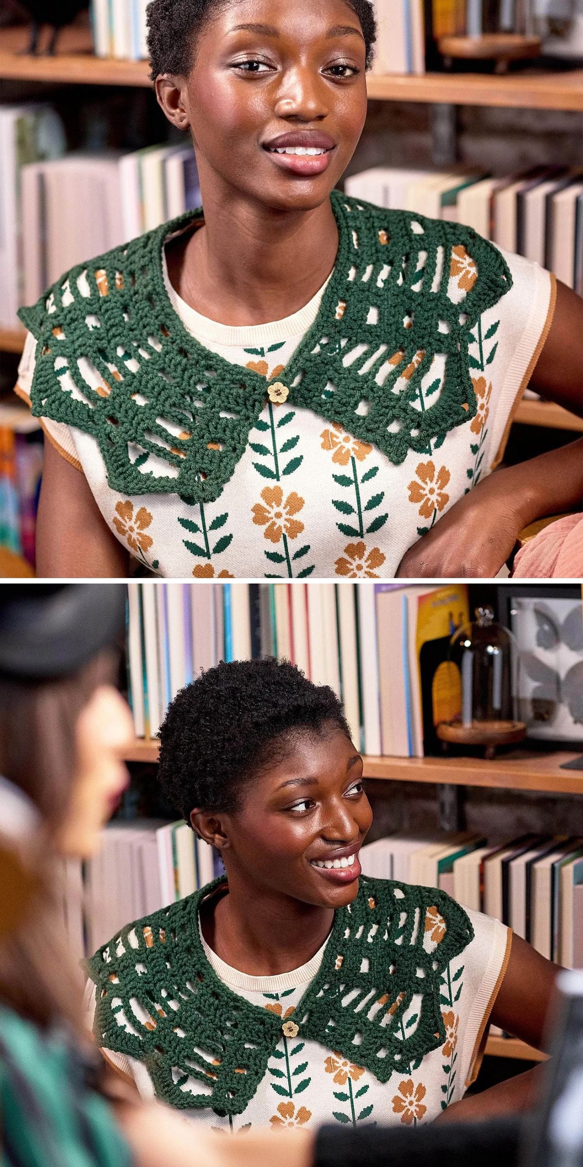 A woman wearing a cream shirt with yellow and green floral patterns and a crochet collar sits in front of a bookshelf, smiling in both images.
