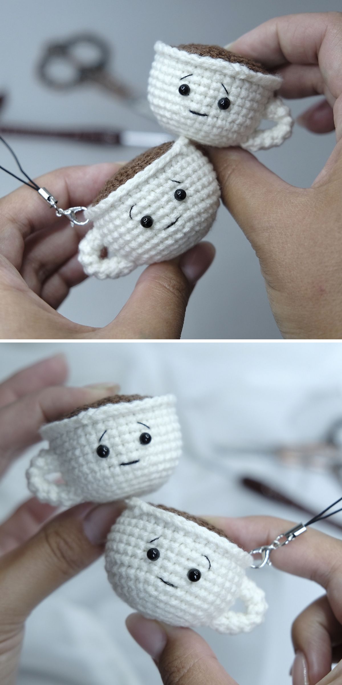 Two hands holding small crocheted cup keychains with smiling faces, made using cute crochet drink patterns, viewed from different angles.