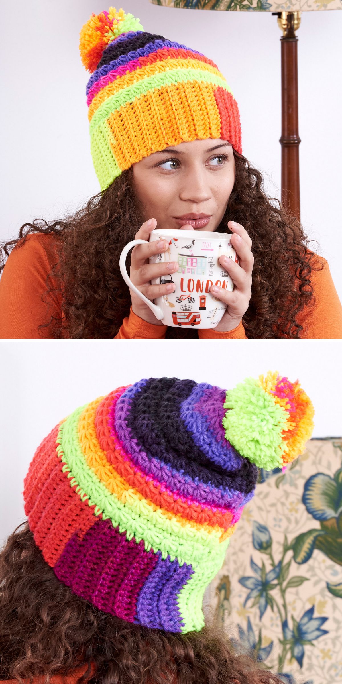 A person with curly hair wears a colorful, striped crochet beanie with a pom-pom and holds a mug. The second image shows the back of the beanie.