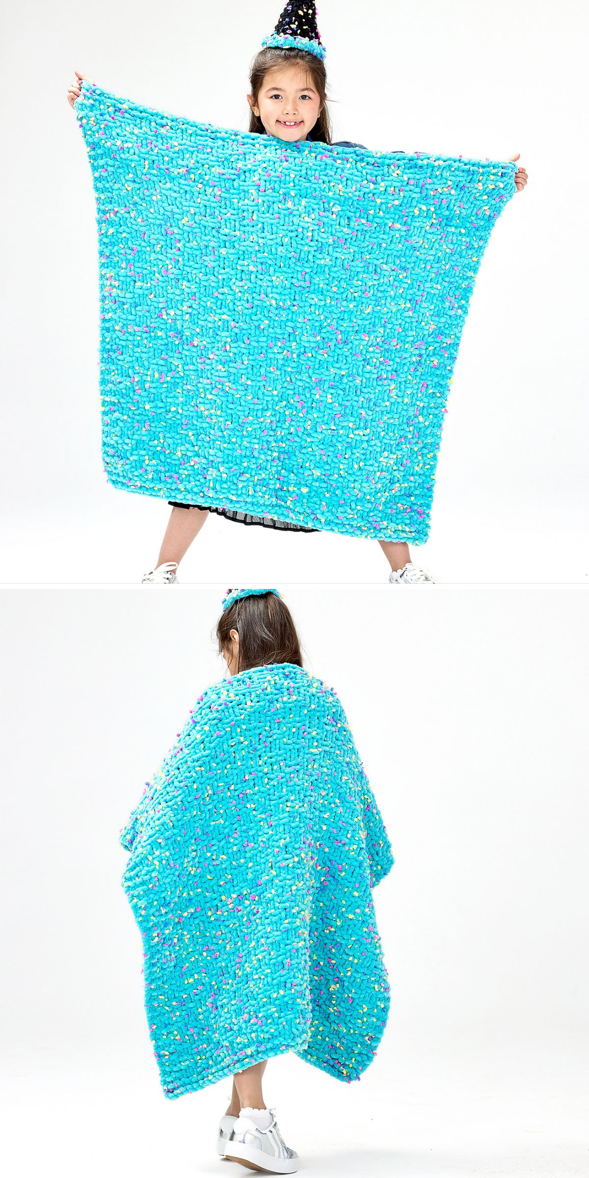 A child wearing a party hat holds and wears a bright blue textured blanket with multicolored speckles against a white background, showcasing a playful blanket knitting pattern.