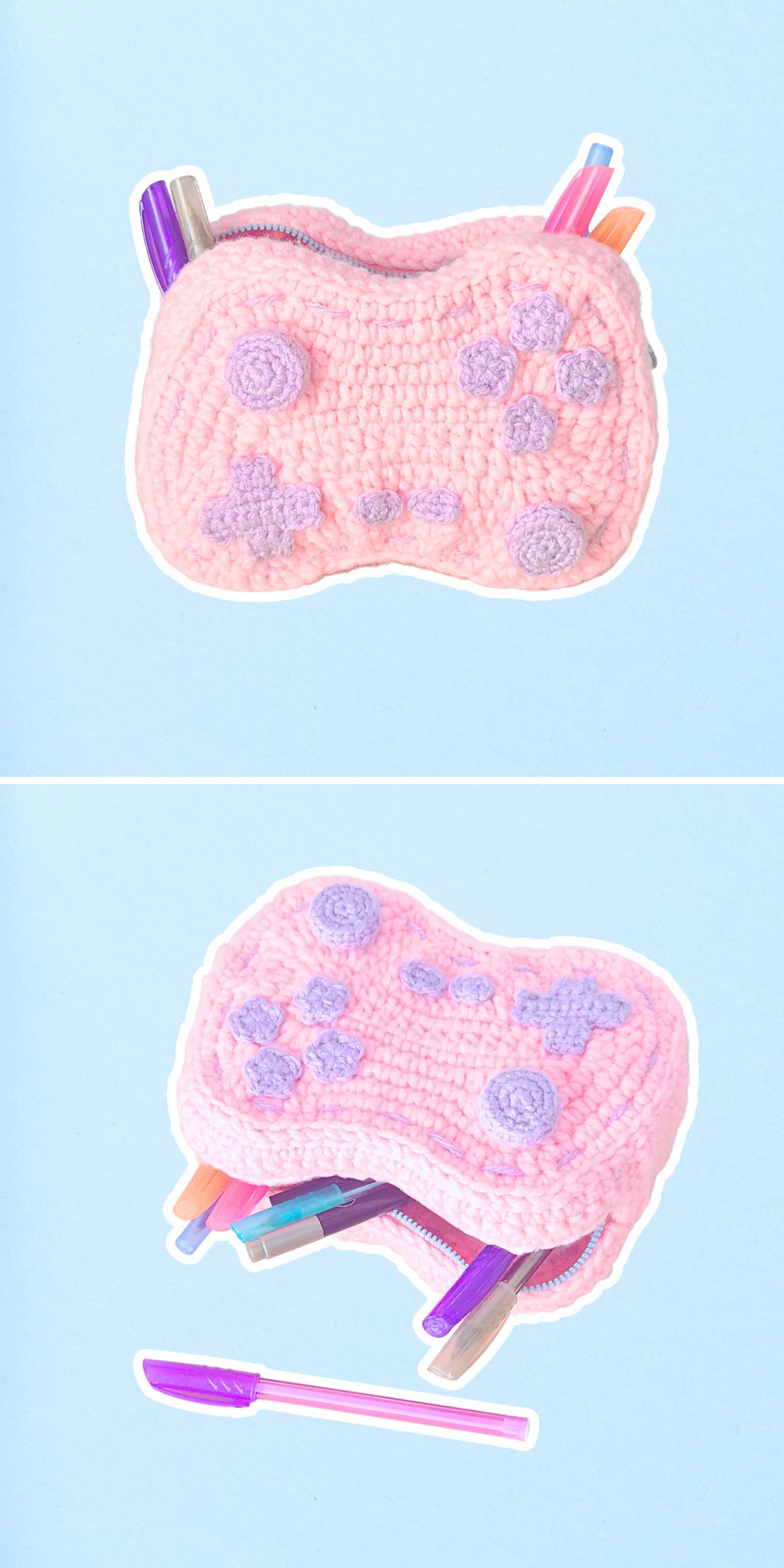 A pink crocheted pouch shaped like a game controller holds colorful pens—perfect for Back to School Crochet Ideas. It's shown closed in the top image and open with pens visible in the bottom image.