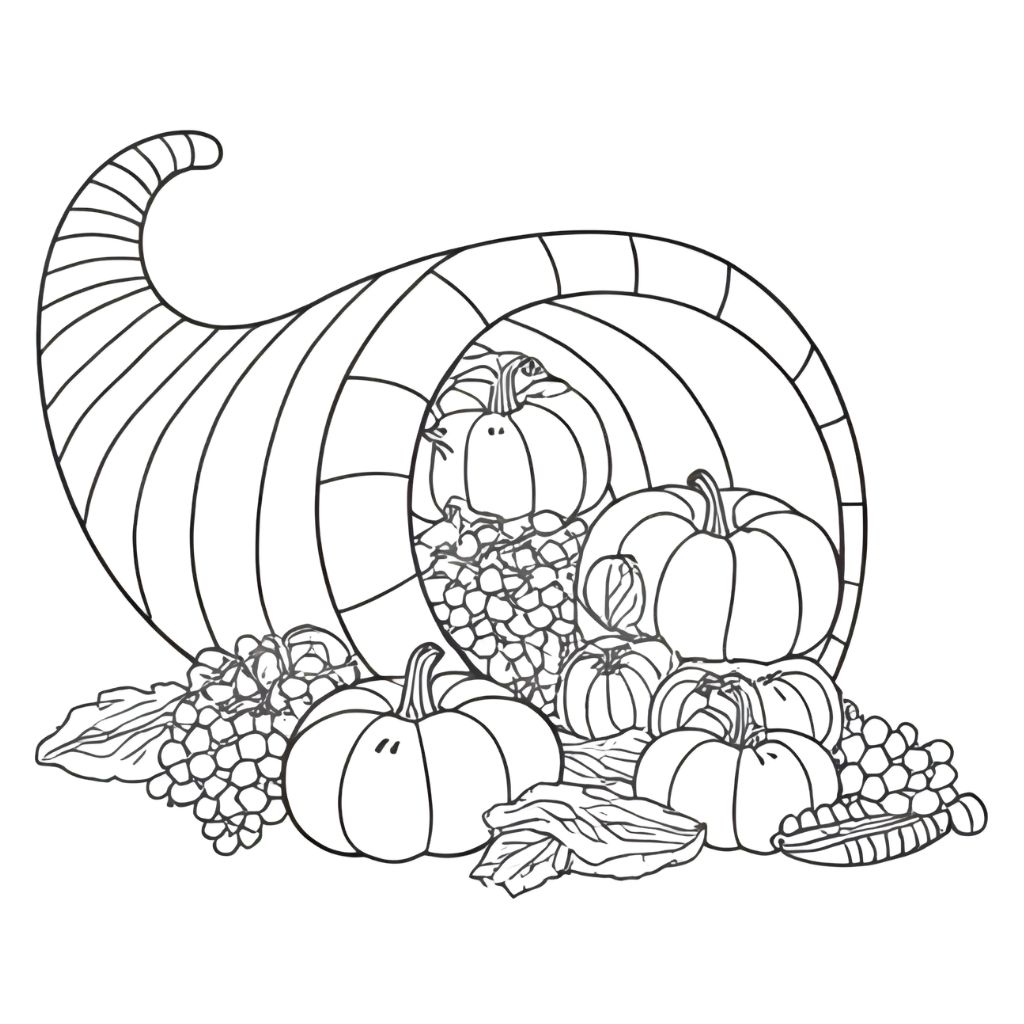 Black and white drawing of a cornucopia filled with pumpkins, grapes, corn, and leaves—perfect for kids’ Thanksgiving coloring pages or as free printable PDFs to celebrate harvest and abundance.
