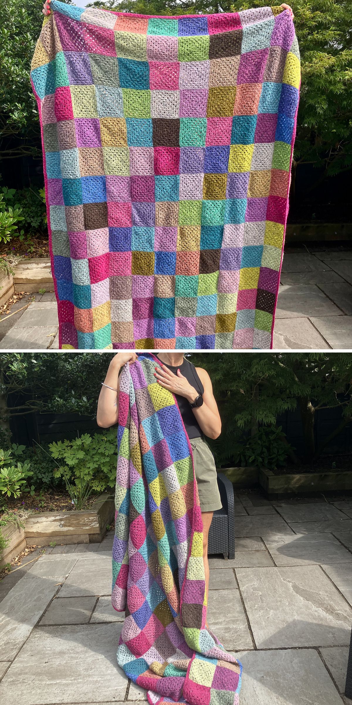 Two photos of a person holding a colorful crochet granny square blanket made of small, hand-crocheted squares, taken outdoors on a stone patio with greenery in the background.