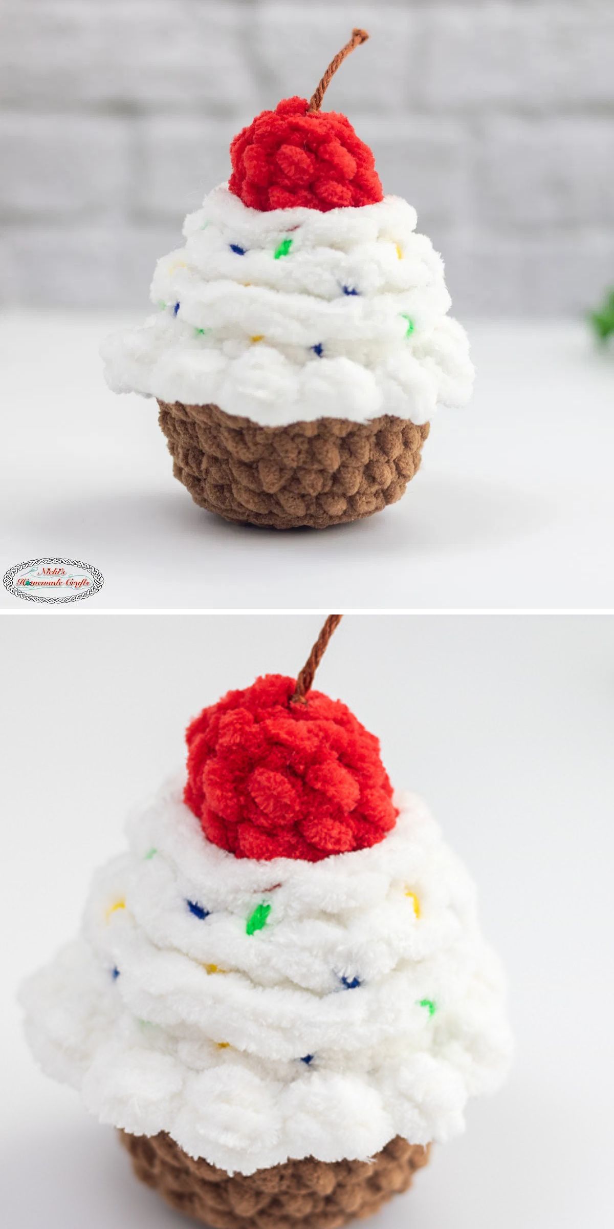 A crochet amigurumi food cupcake plush with a brown base, white textured frosting, colorful sprinkles, and a red cherry on top with a brown stem.