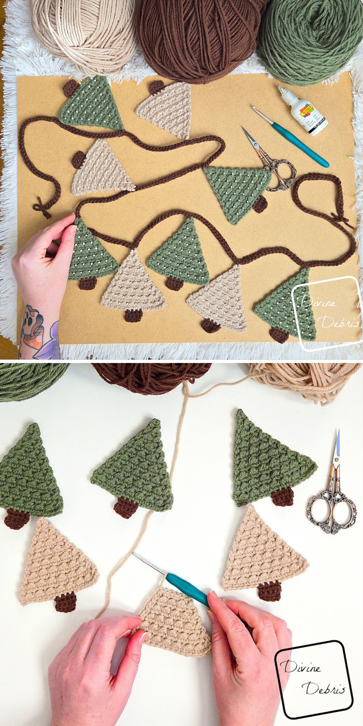 Two hands assemble a crochet garland featuring green and beige triangle pieces resembling crochet Christmas trees, with yarn, scissors, and glue scattered across the table.