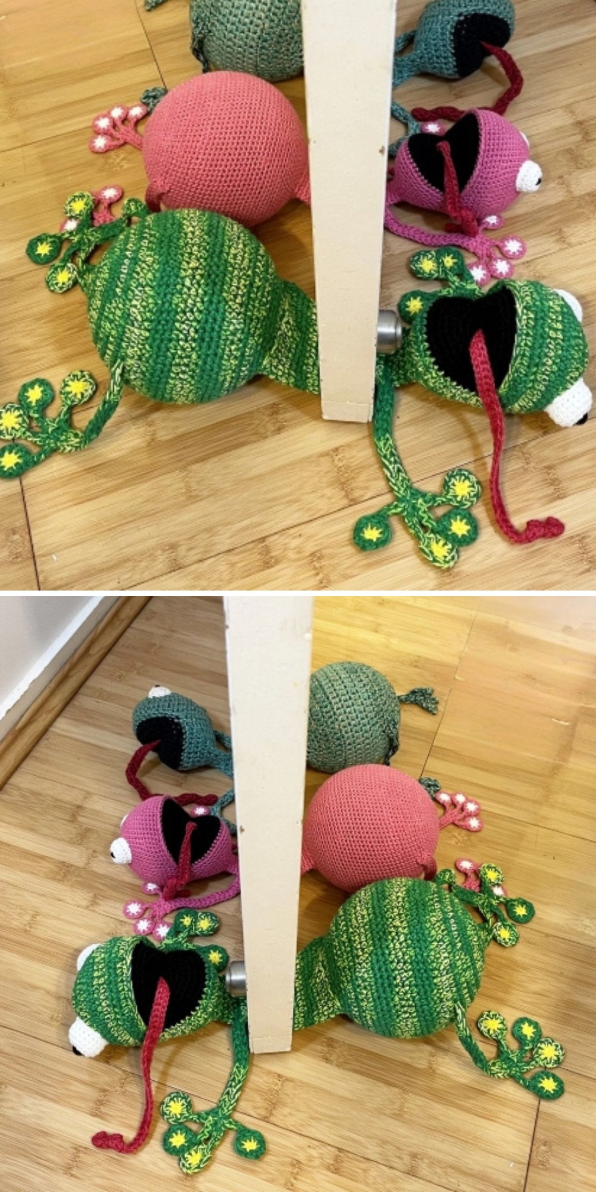 Crochet frog door stoppers in green and pink are placed at the base of a door on a wooden floor in both images.