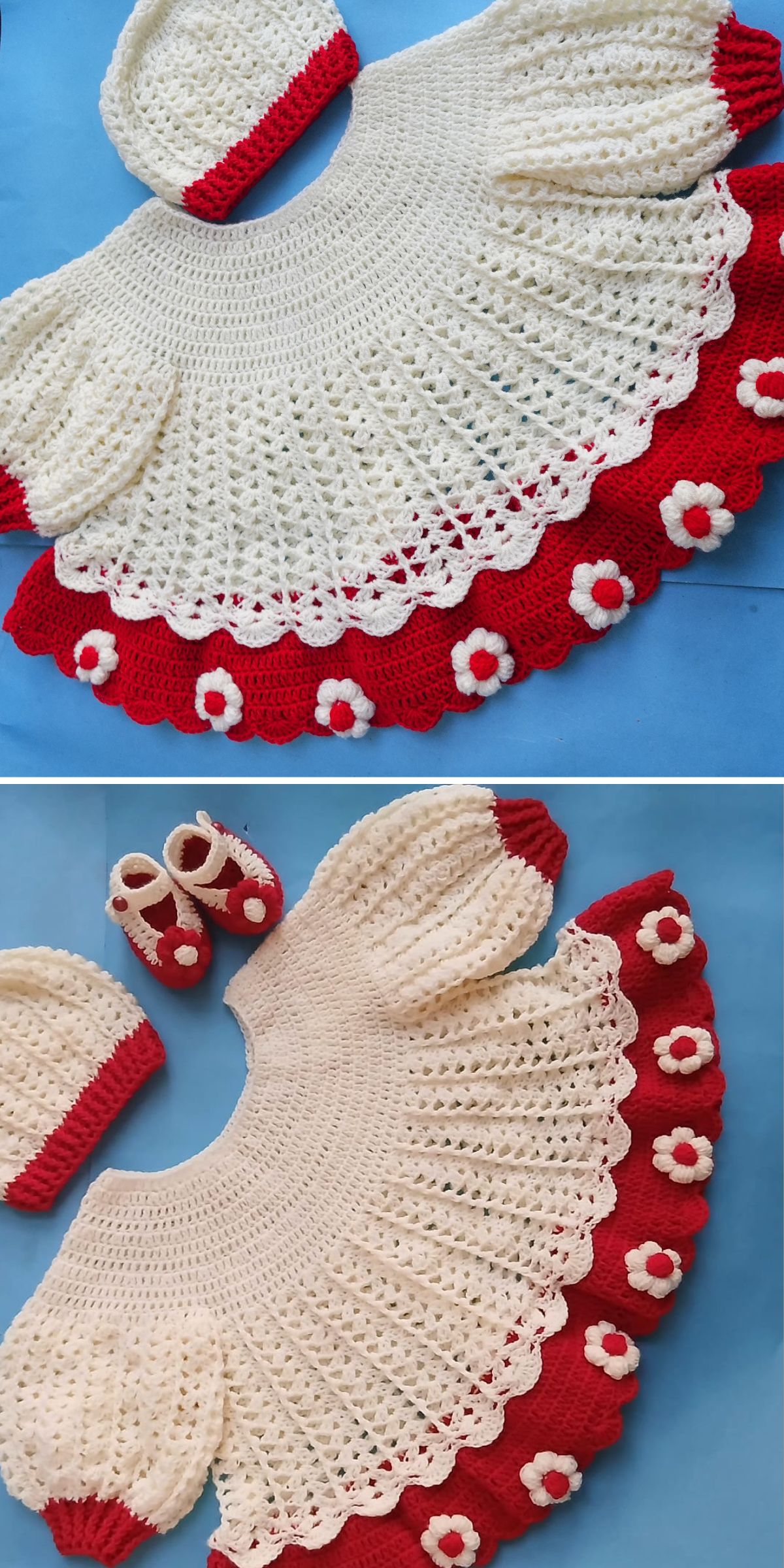 Two images of a crocheted baby dress set in red and white, including a matching hat, shoes, and decorative flowers—perfect inspiration if you're looking for a baby dress free crochet pattern.