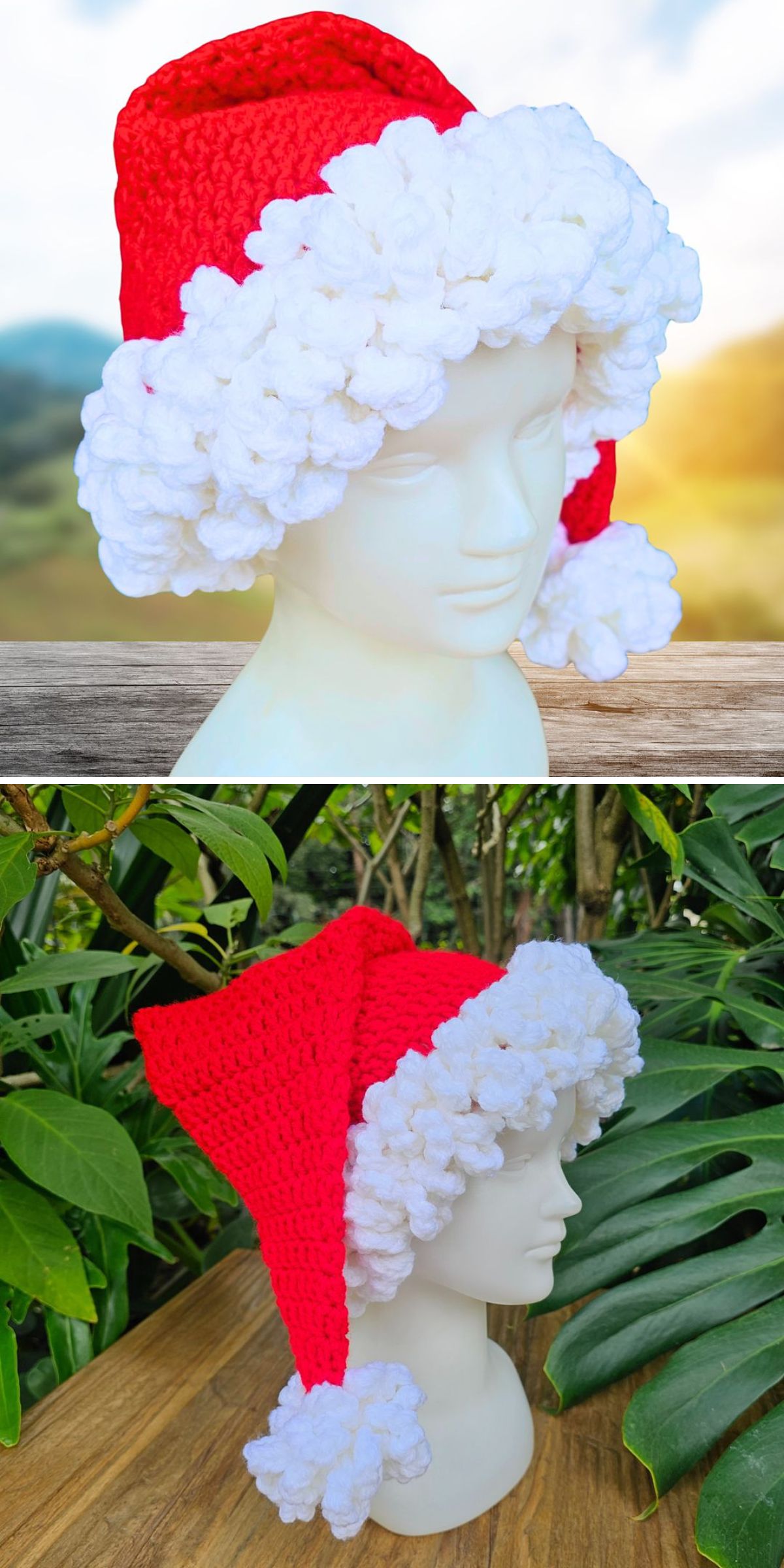 A white mannequin head displays a Crochet Christmas Hat in red and white outdoors, shown from two different angles against leafy and scenic backgrounds.