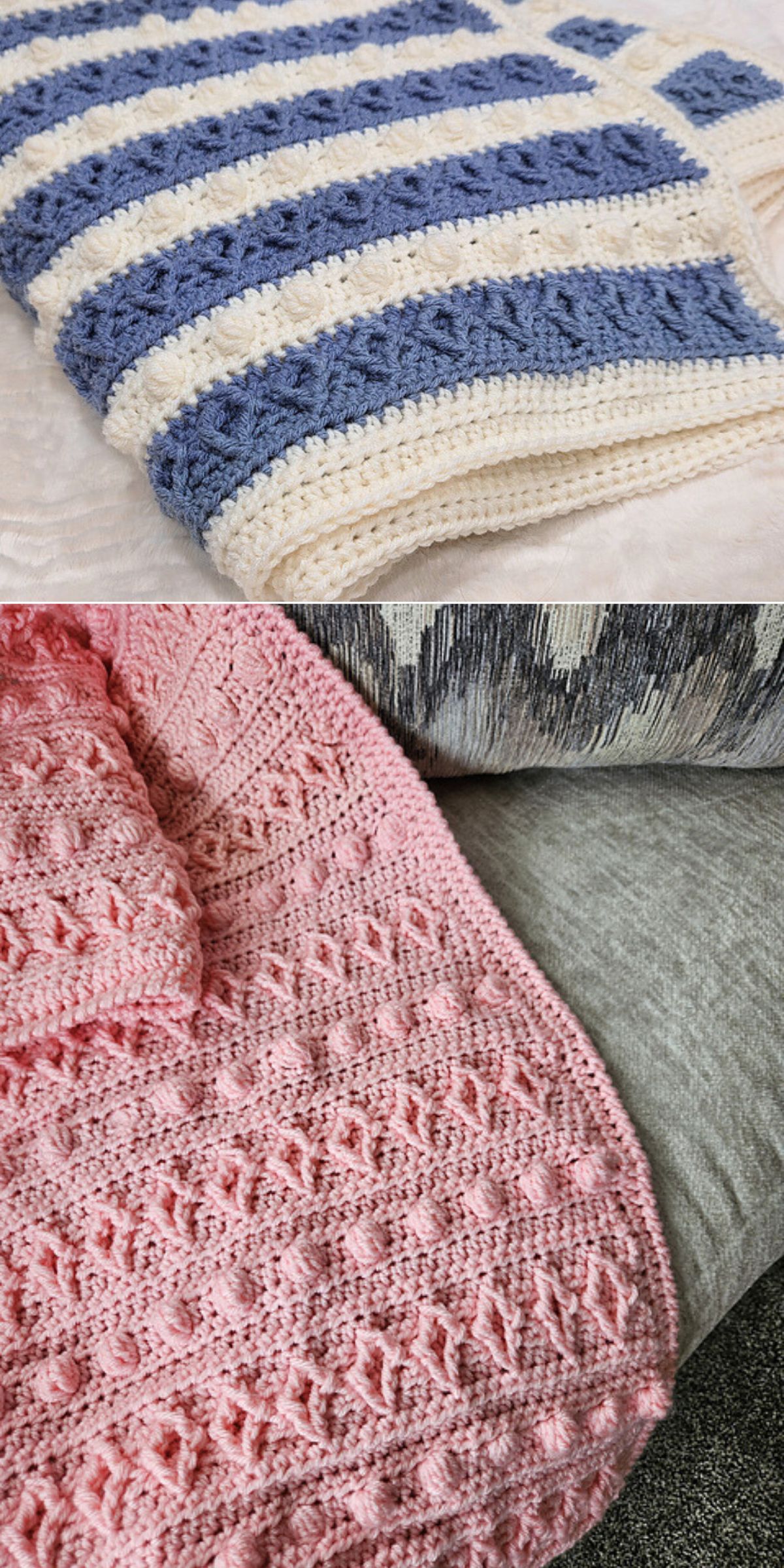Two crocheted blankets are shown: one with alternating blue and white stripes, and another in solid pink — both featuring a textured, crochet bobble stitch pattern. Perfect inspiration for free blanket patterns.