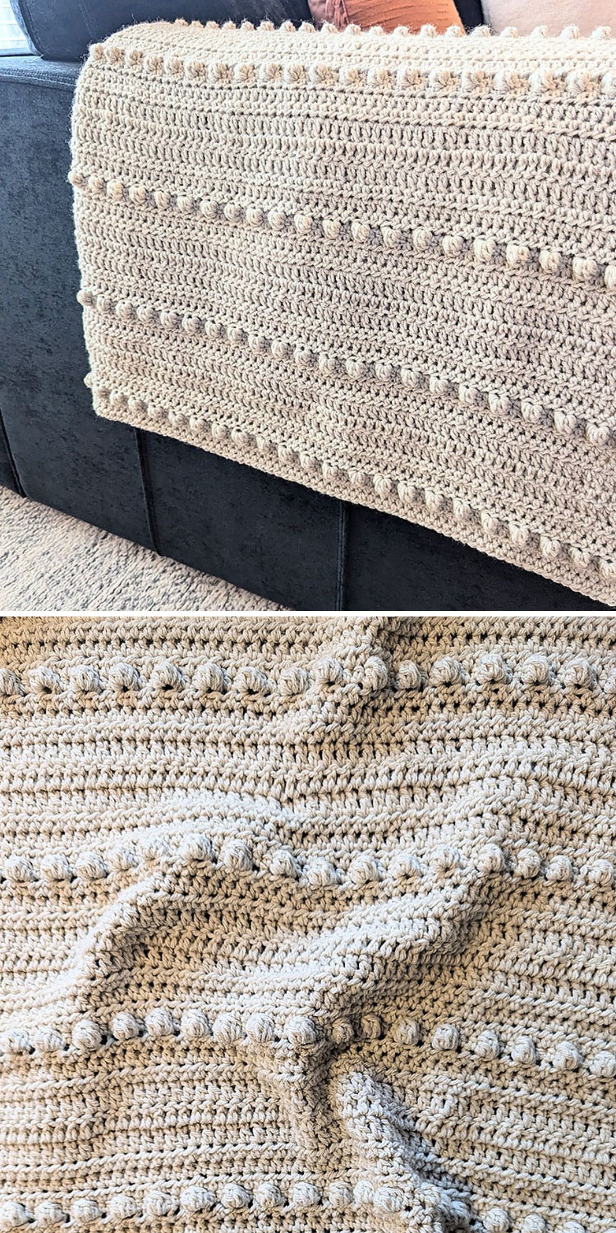 A beige bobble stitch blanket with a textured bobble and ribbed pattern is draped over the back of a dark sofa, shown in full and detailed close-up views.