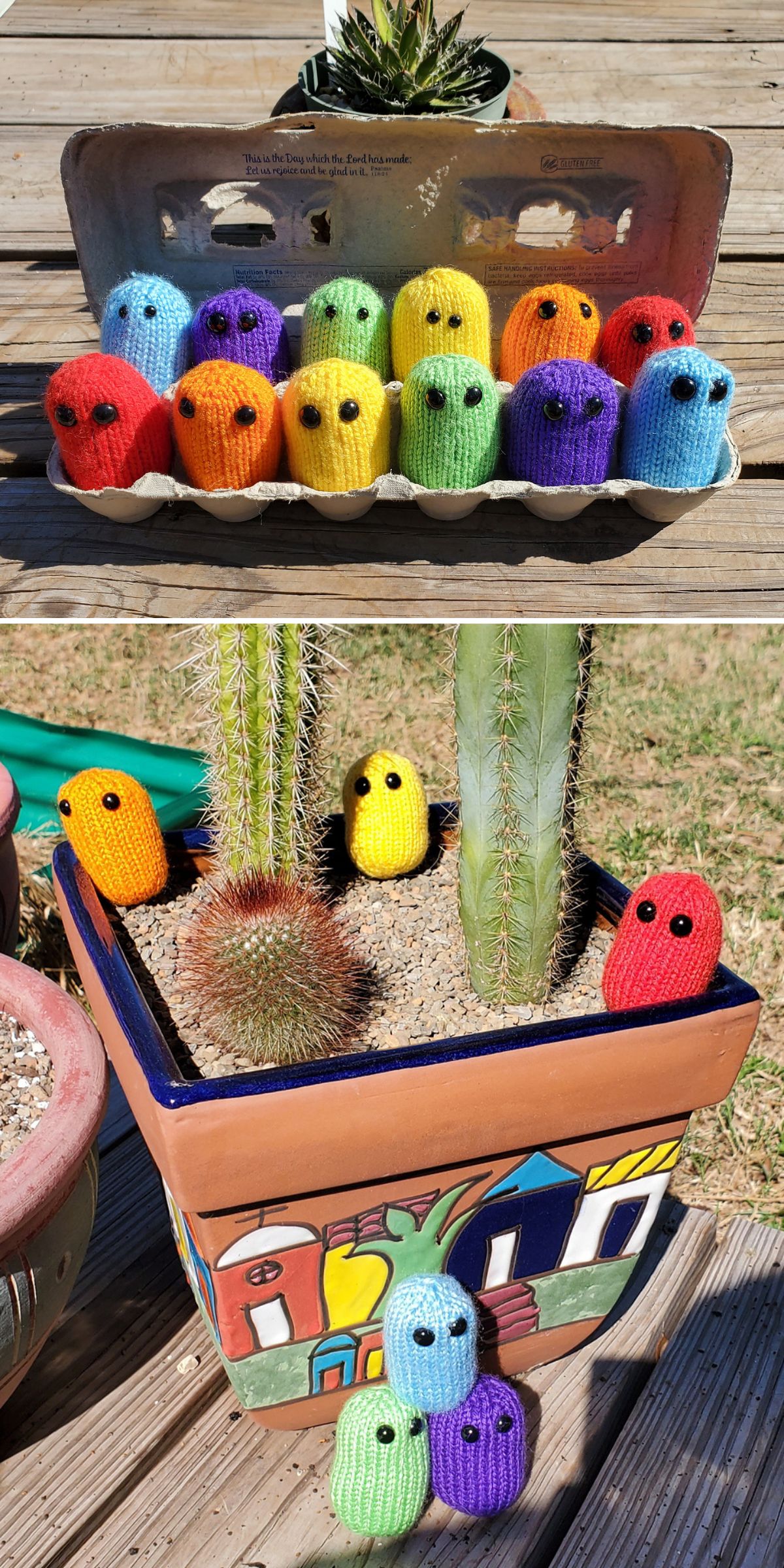 Knitted, colorful, egg-shaped figures with black eyes are arranged in an egg carton and around a potted cactus on a wooden surface, each charming knitted toy adding playful character to the scene.