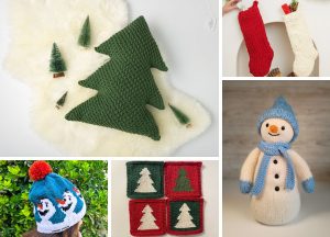 A collage of Knitted Christmas Decorations features a green tree-shaped pillow, red and white stockings, small tree coasters, a snowman doll, and a hat with snowmen and a red pom-pom.